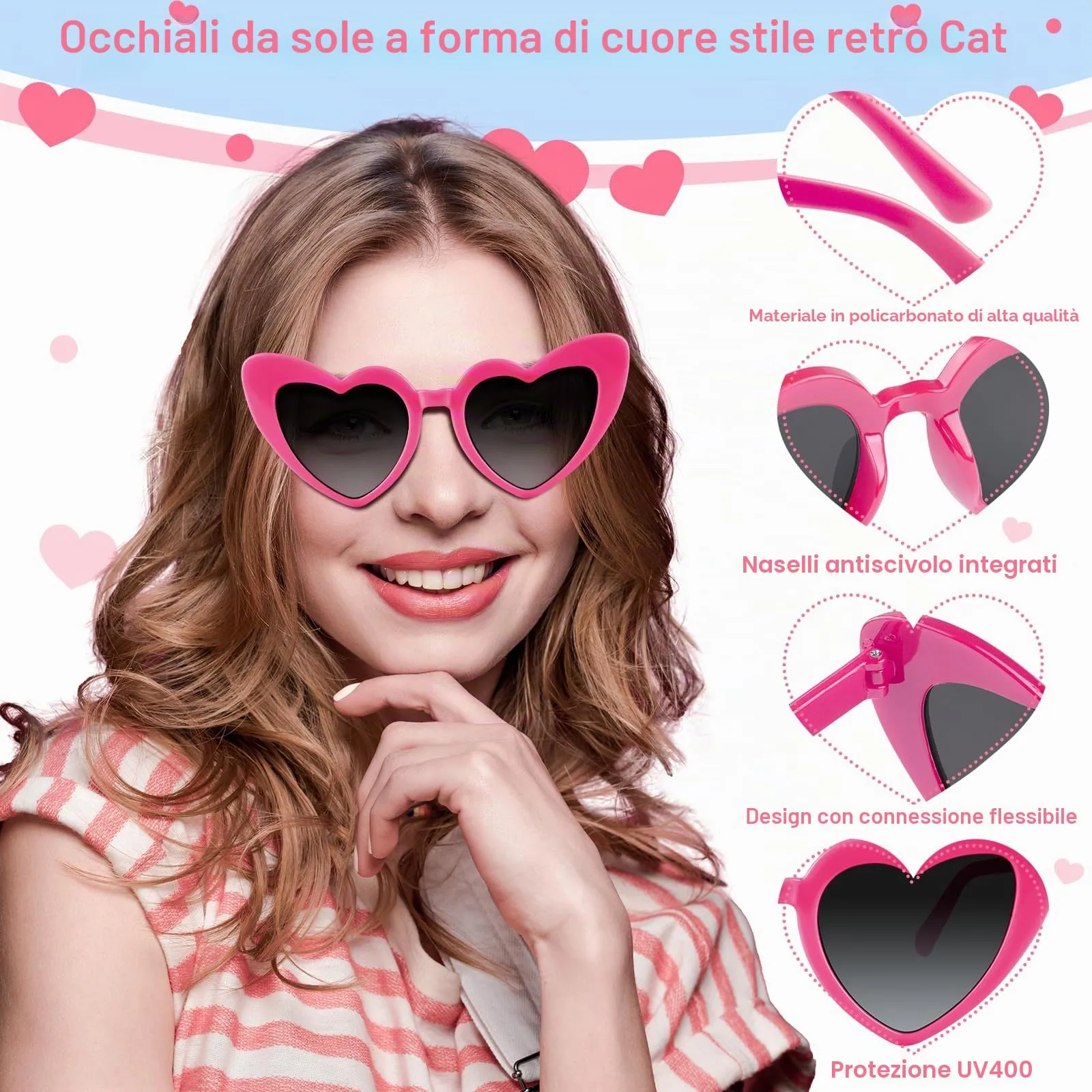 BOUBONI Occhiali da sole a forma di cuore vintage, Rosa rosso, 15,3 cm - immagine 3