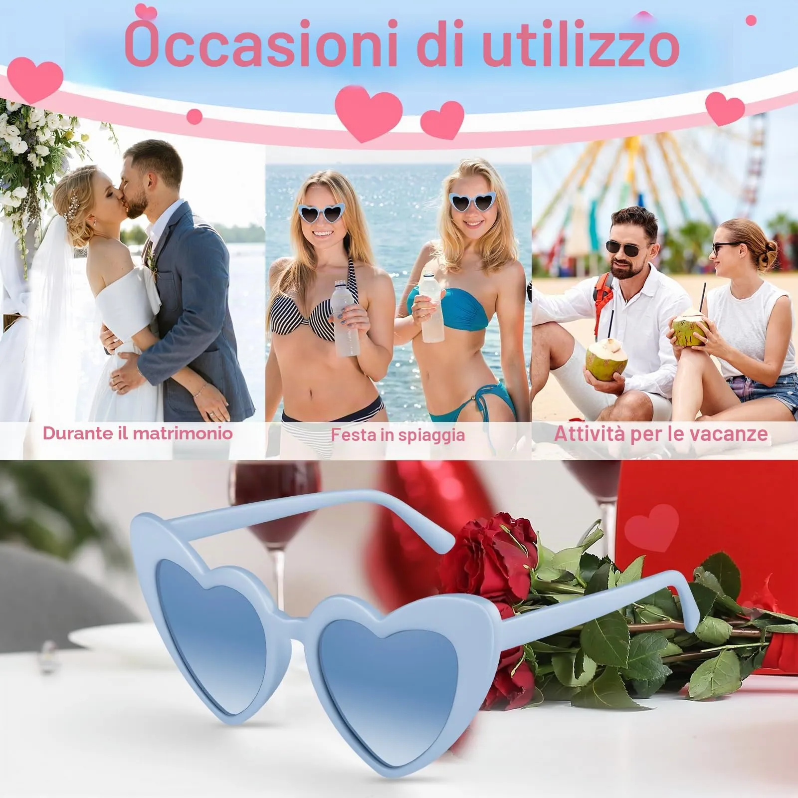 BOUBONI Occhiali da sole a forma di cuore vintage, Celeste, S - immagine 4