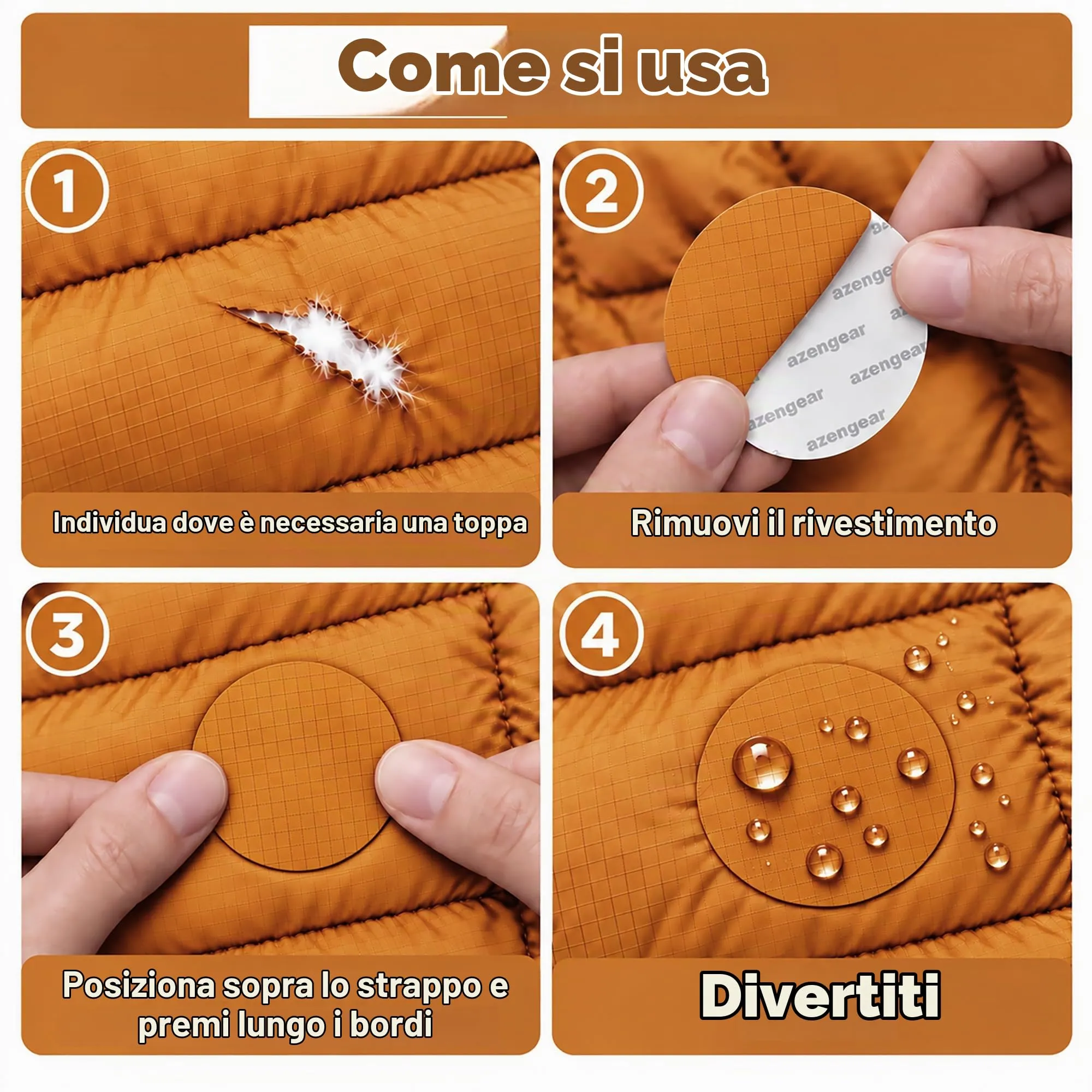 aZengear Toppe di Riparazione Impermeabili per Piumino e Tenda, 11 Pezzi, Arancio Oro - immagine 2