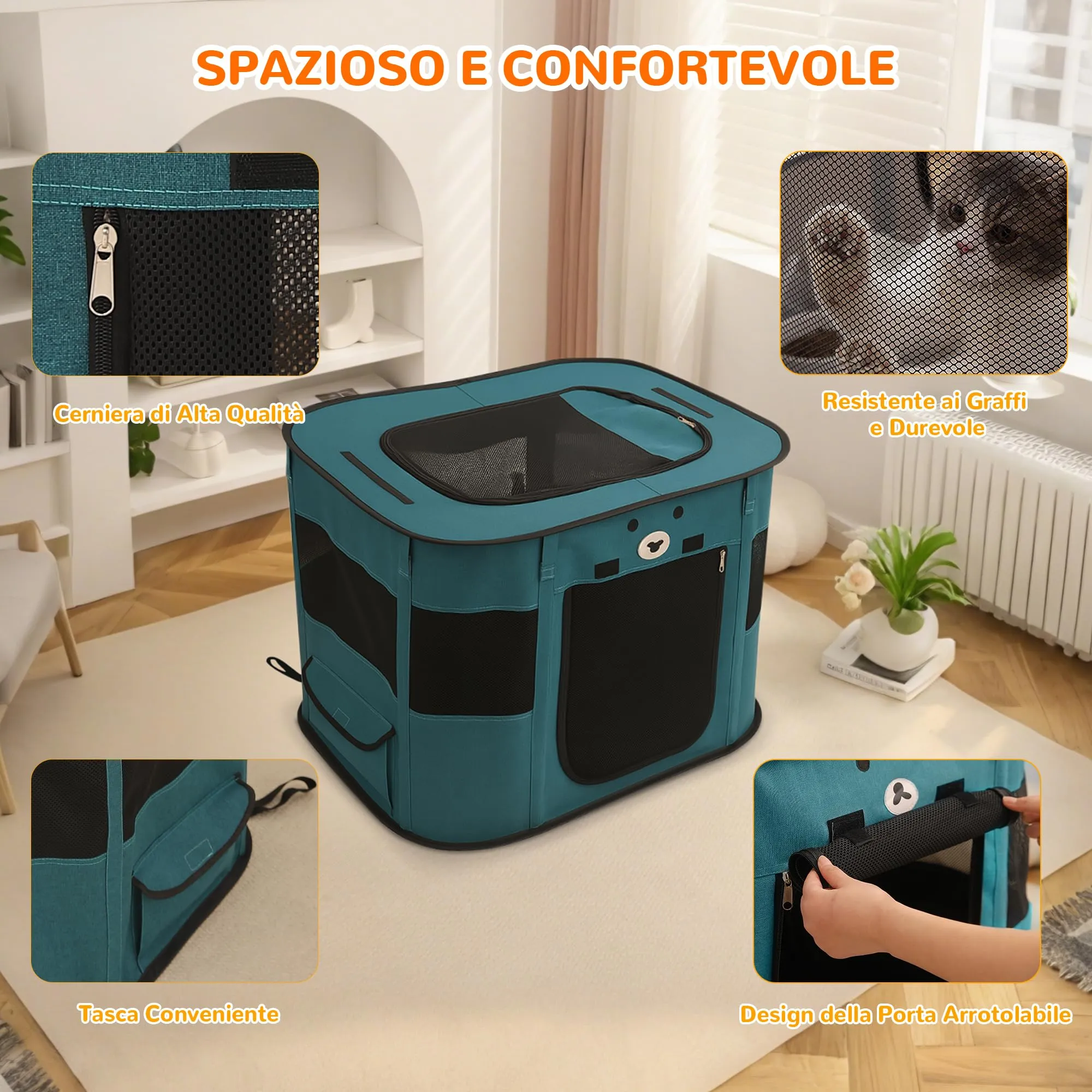 ALLSOPETS Recinto per Cani da Interno Pieghevole, Blu Reale, XL - immagine 4