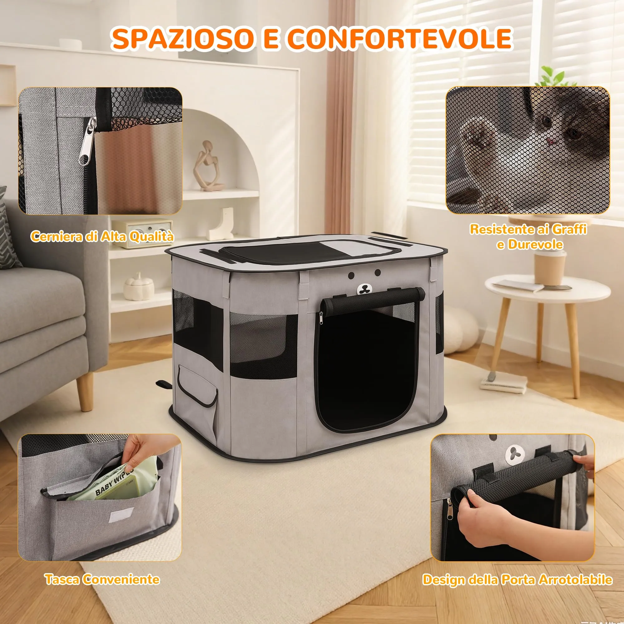 ALLSOPETS Recinto per Cani da Interno Pieghevole, Grigio Cenere, M - immagine 4
