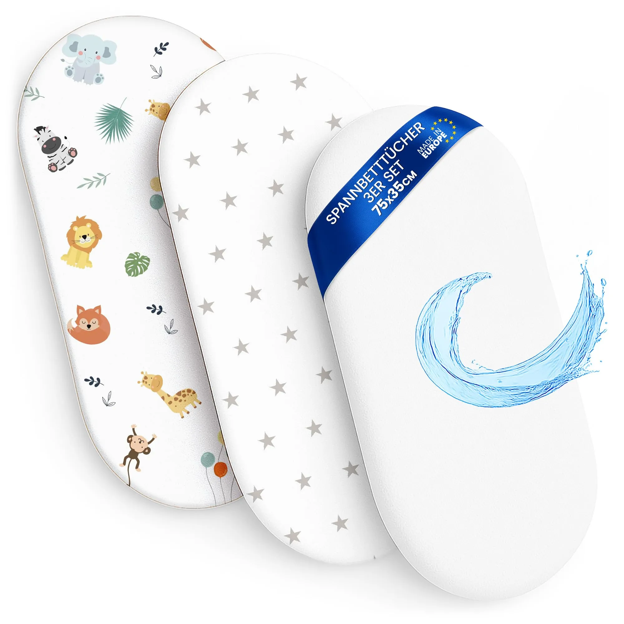 Totsy Baby Lenzuolo con angoli per carrozzina e culla, Set di 3 (2 coprimaterasso + 1 impermeabile), 75 x 35 cm, Bianco da Safari - immagine 1