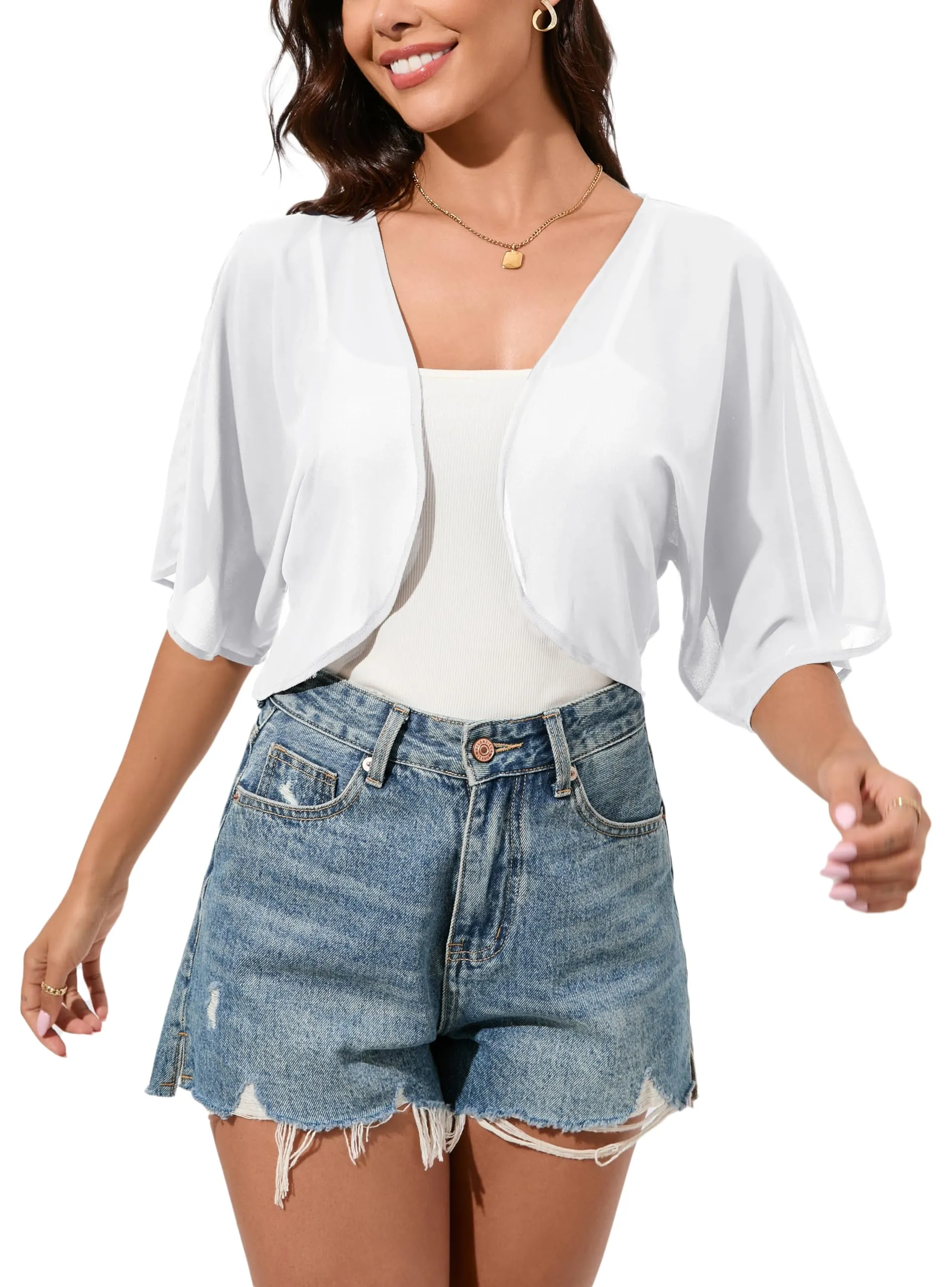 Dosieyeo Bolero da donna in chiffon con maniche a 3/4, Bianco, XL - immagine 1