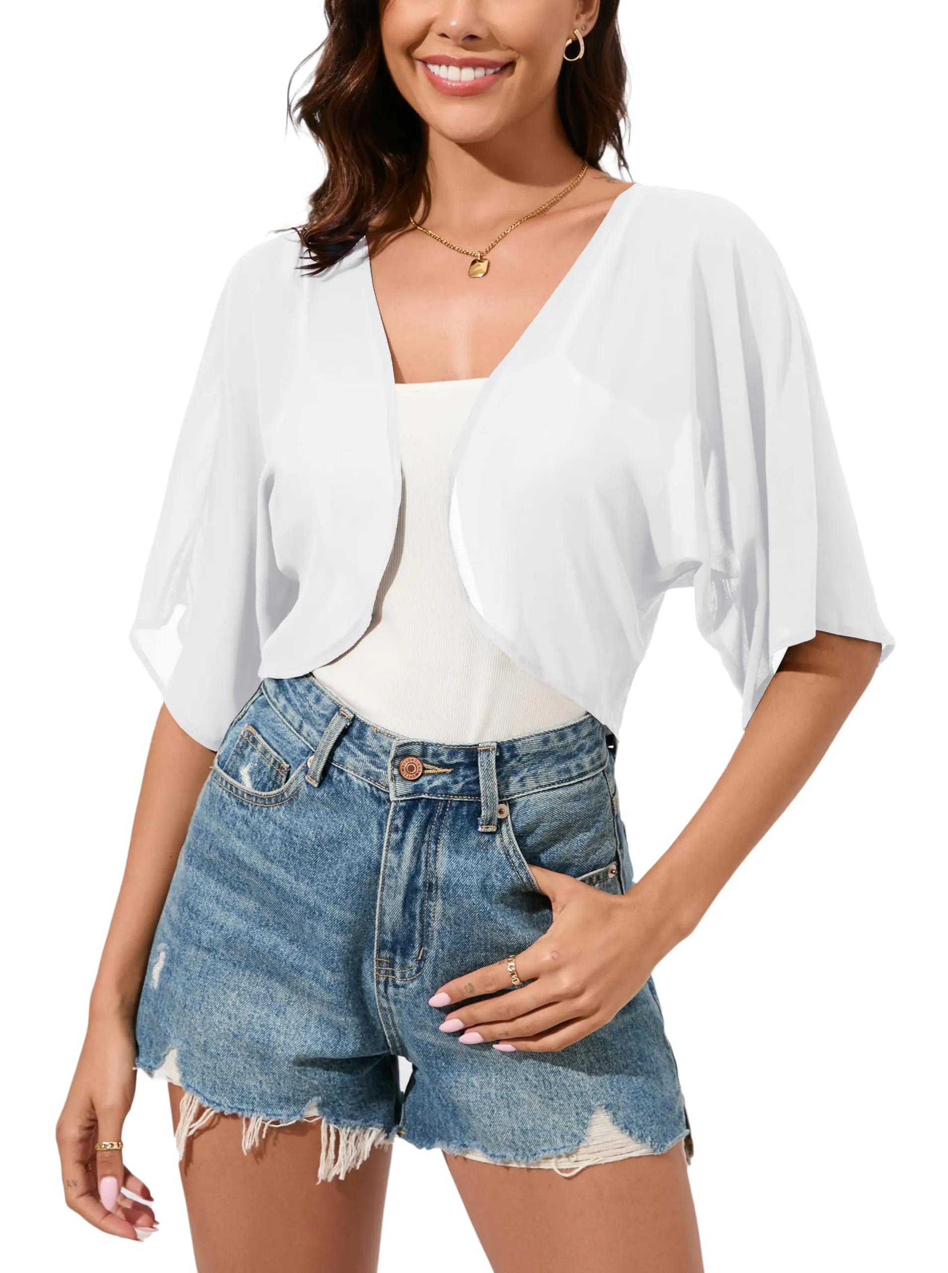 Dosieyeo Bolero da donna in chiffon con maniche a 3/4, Bianco, XL - immagine 2