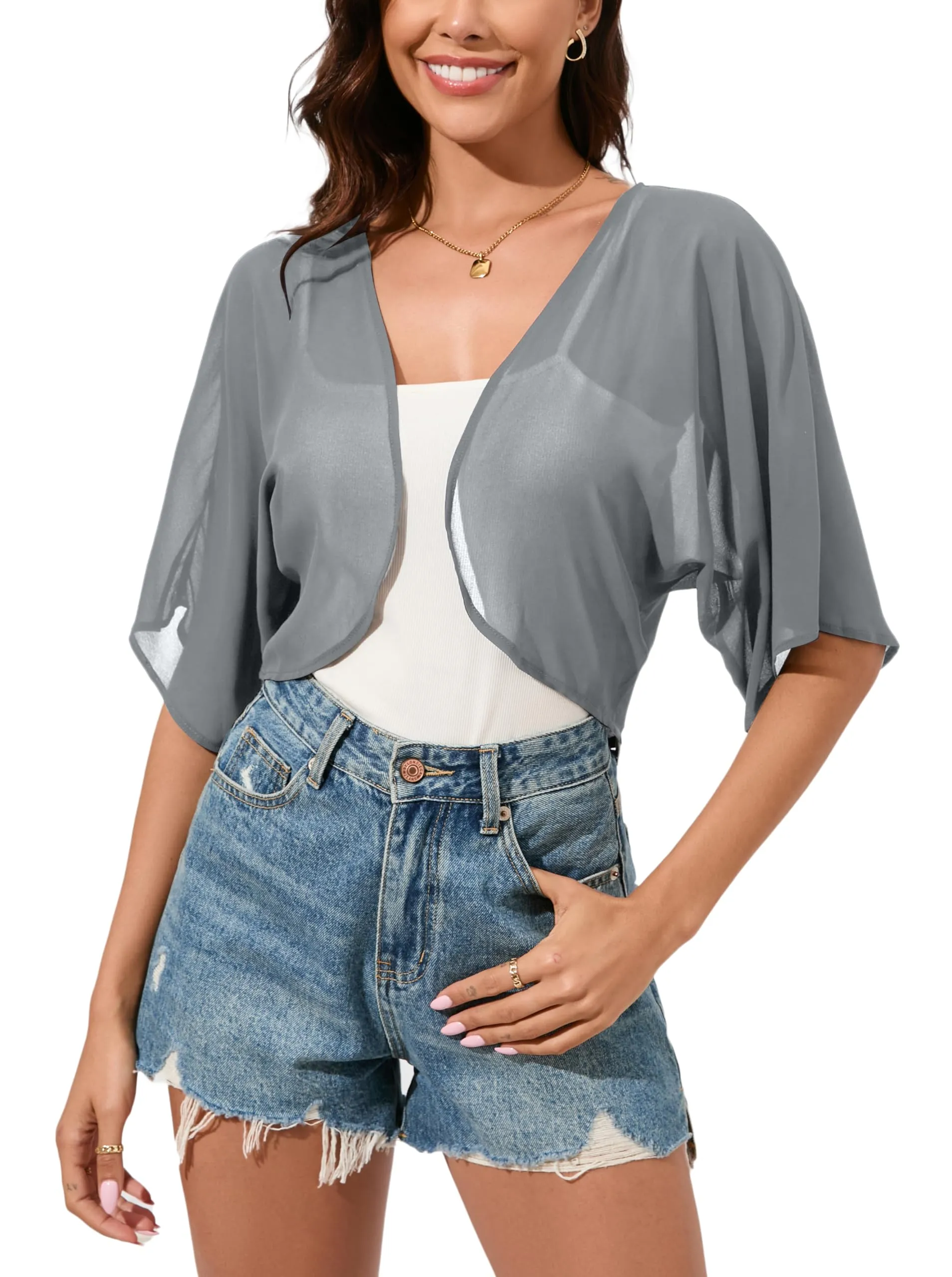 Dosieyeo Bolero da Donna in Chiffon con Maniche a 3/4, Grigio, L - immagine 2