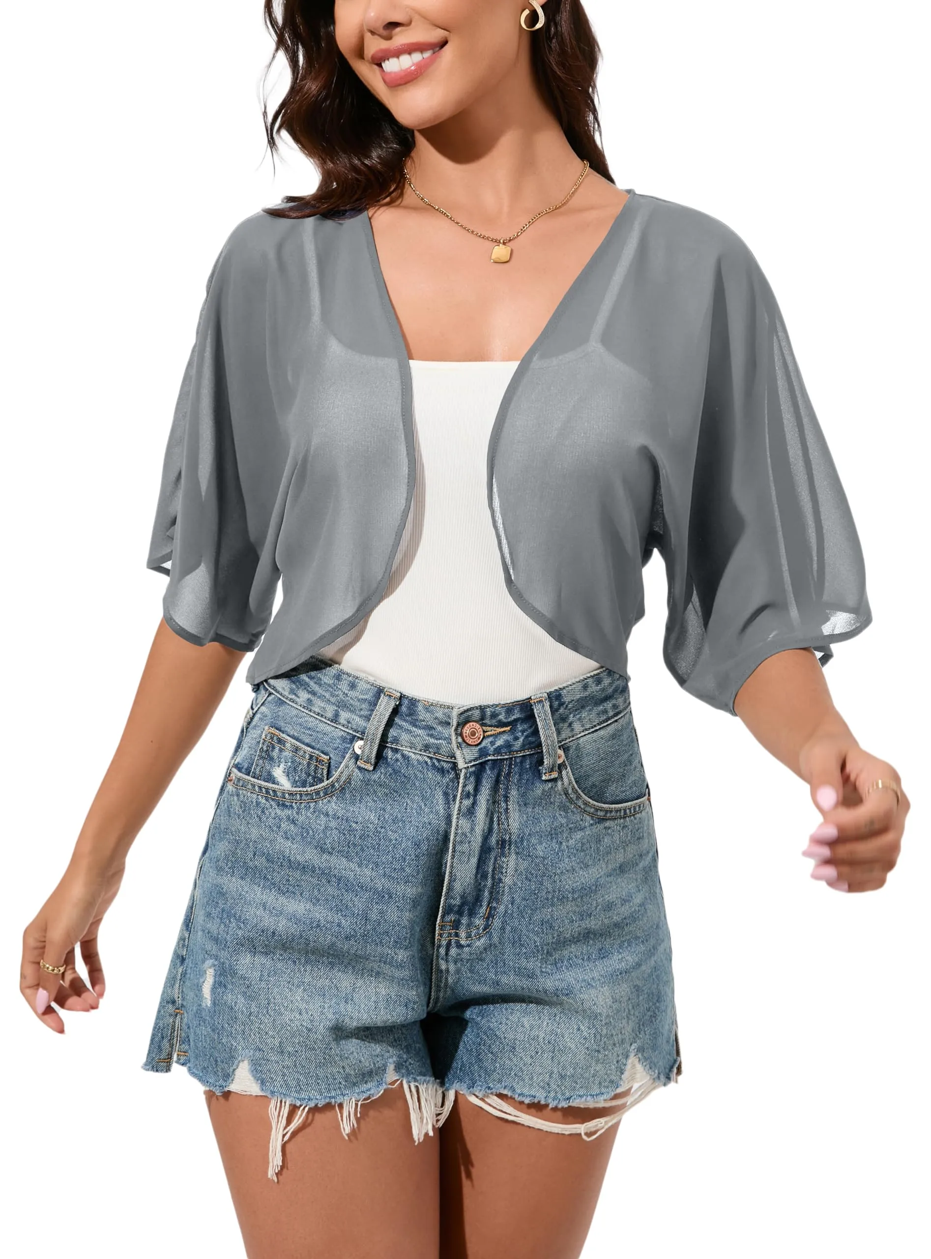 Dosieyeo Bolero da donna in chiffon con maniche a 3/4, Grigio, S - immagine 3