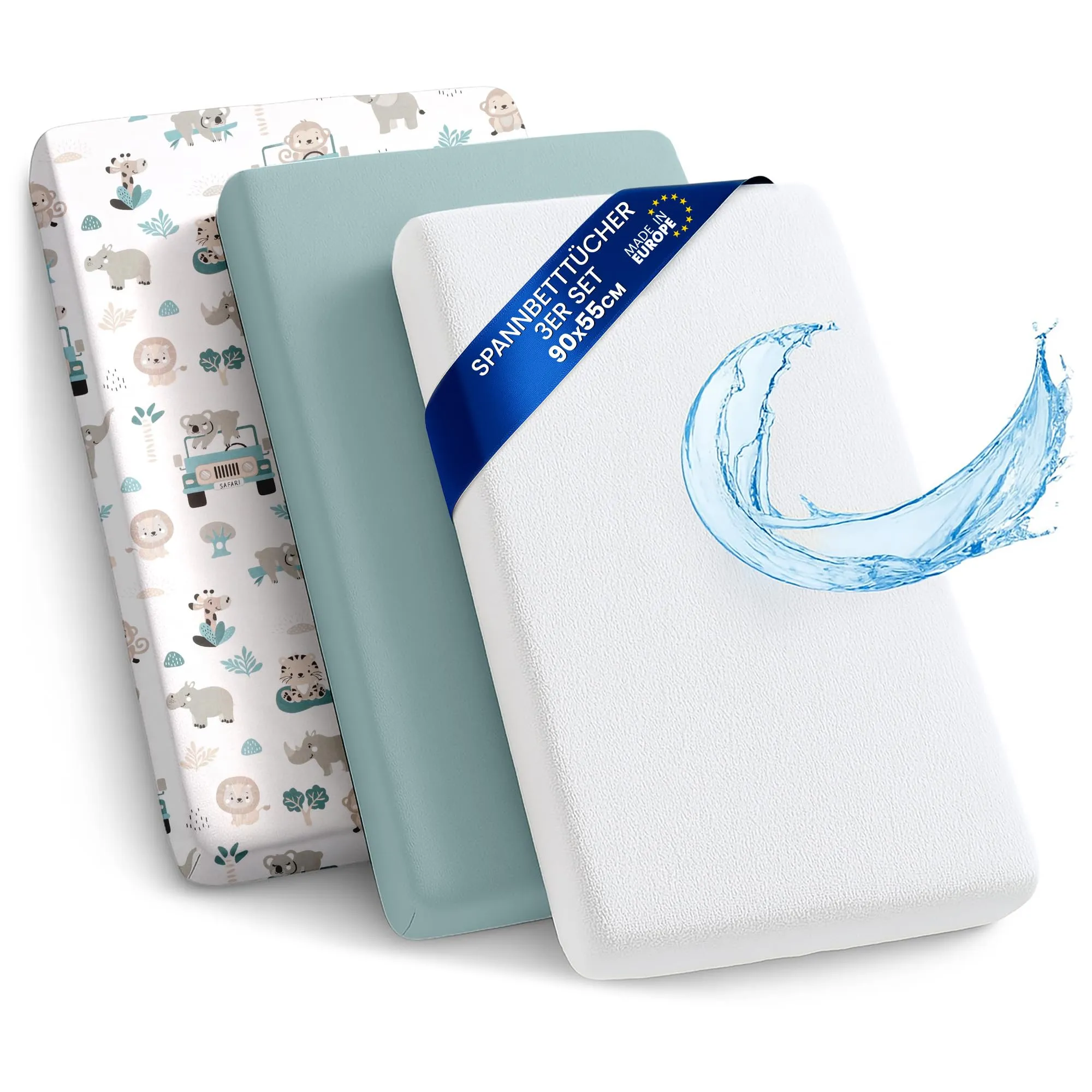 Totsy Baby Set di 3 lenzuola con angoli e coprimaterasso impermeabile per passeggino, 55x90 cm, Africa E Colore Salvia - immagine 1