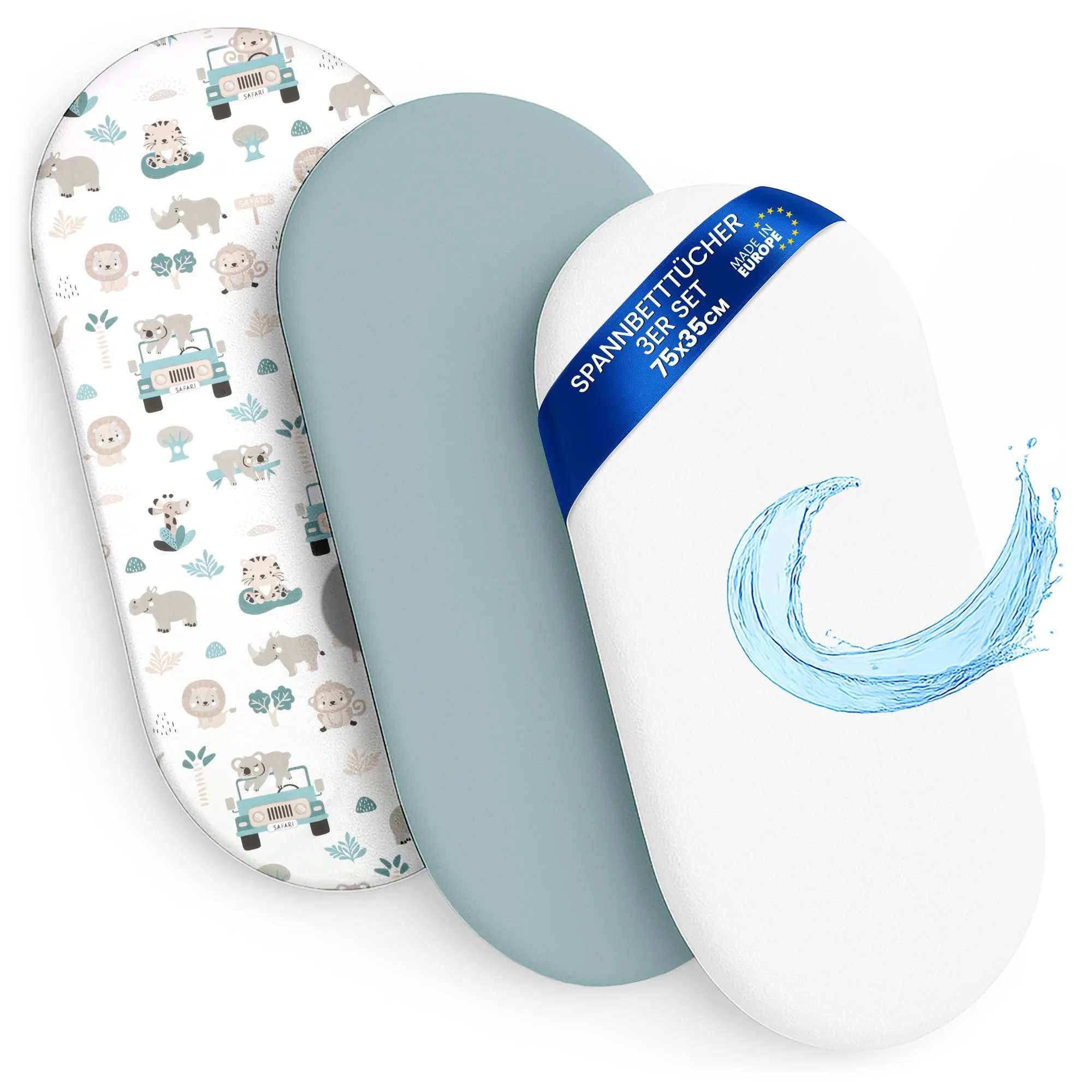 Totsy Baby Set lenzuola con angoli per culla da passeggino, 2 fodere e 1 coprimaterasso impermeabile, 75 x 35 cm, Africa e Colore Salvia - immagine 1
