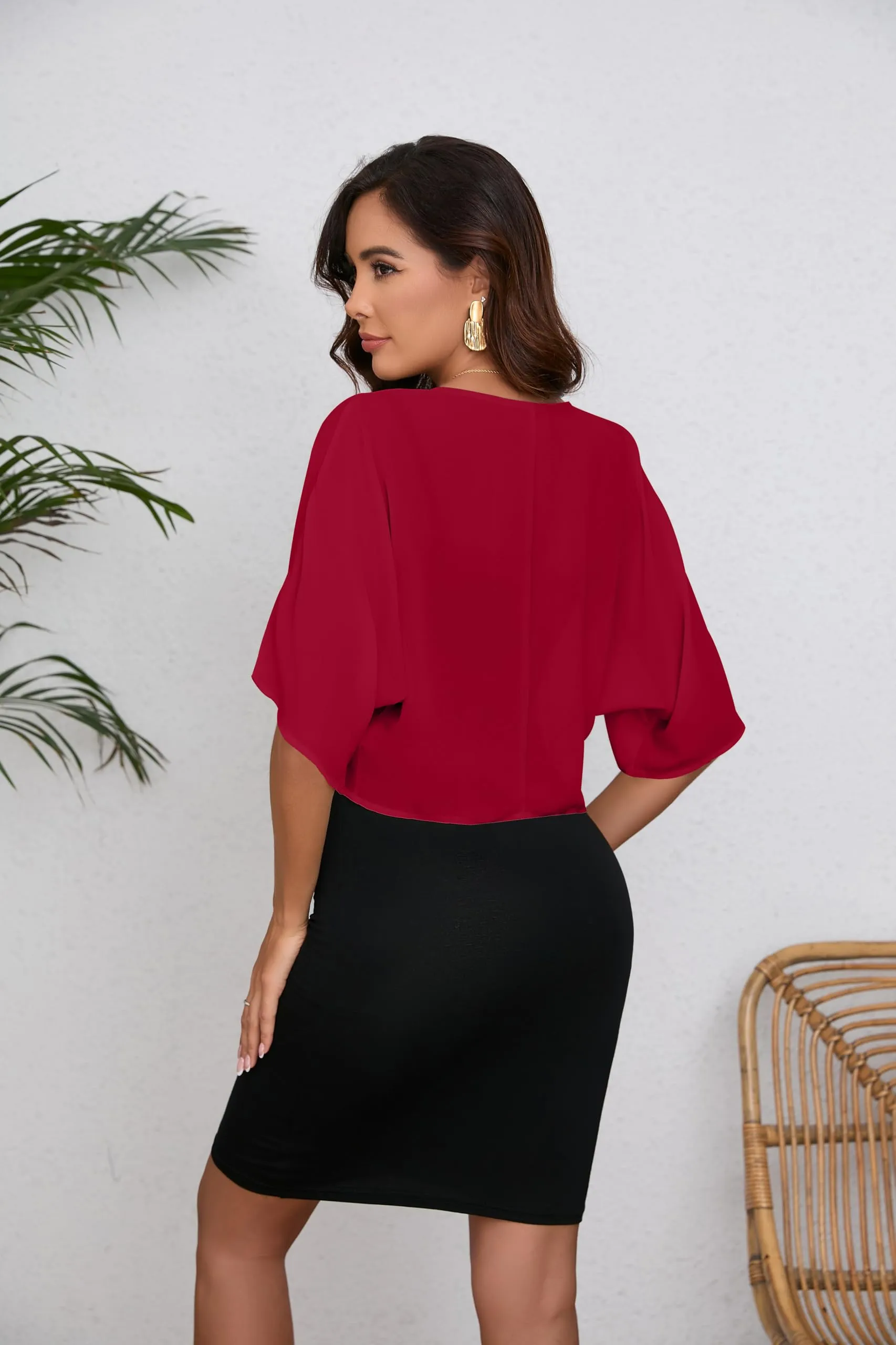 Dosieyeo Bolero in Chiffon per Donna, Aperto sul Davanti, Maniche a 3/4, Rosso Bordeaux, L - immagine 6