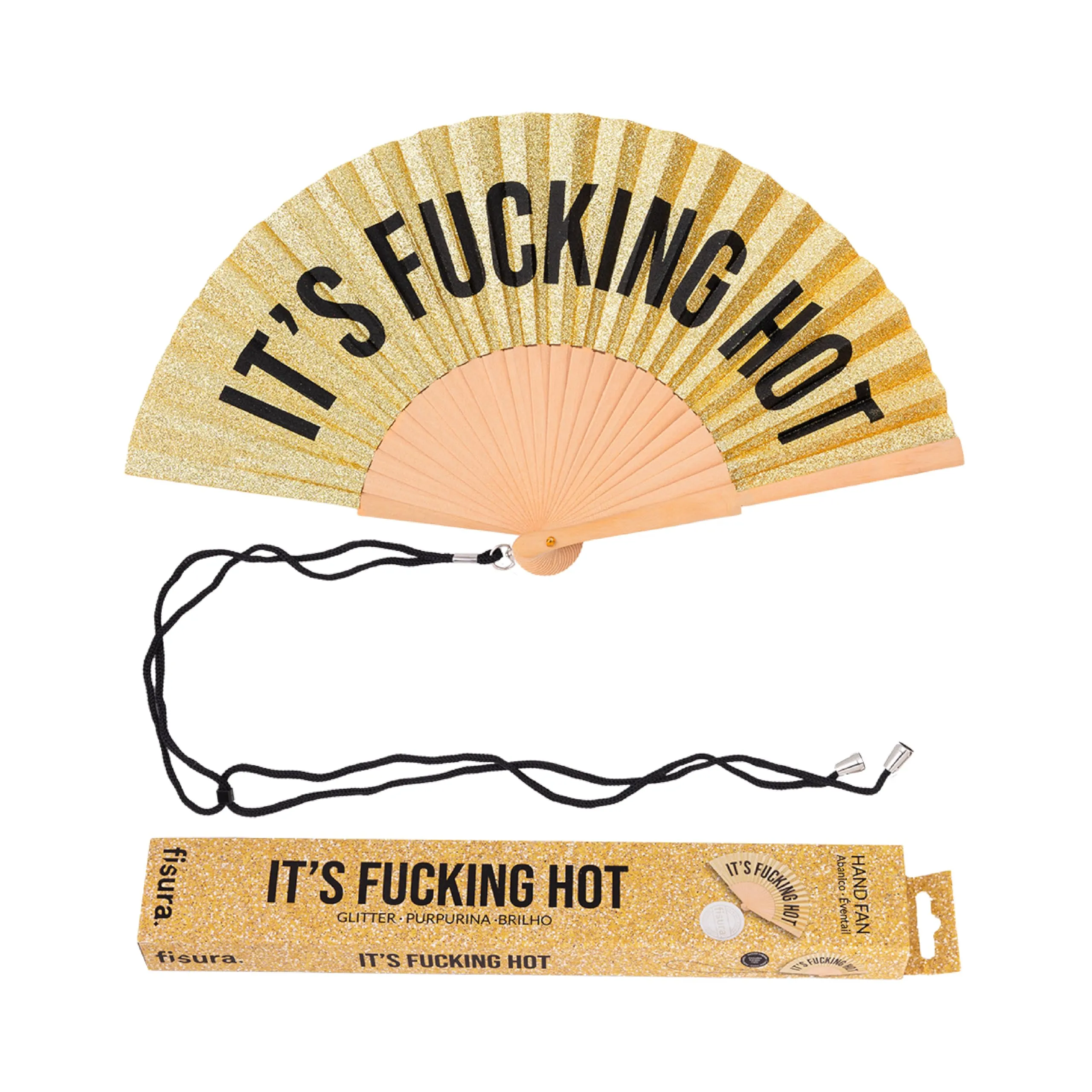Fisura Ventaglio in Legno con Messaggio "f*cking hot", Oro Glitter, 42,5 x 23 cm - immagine 1