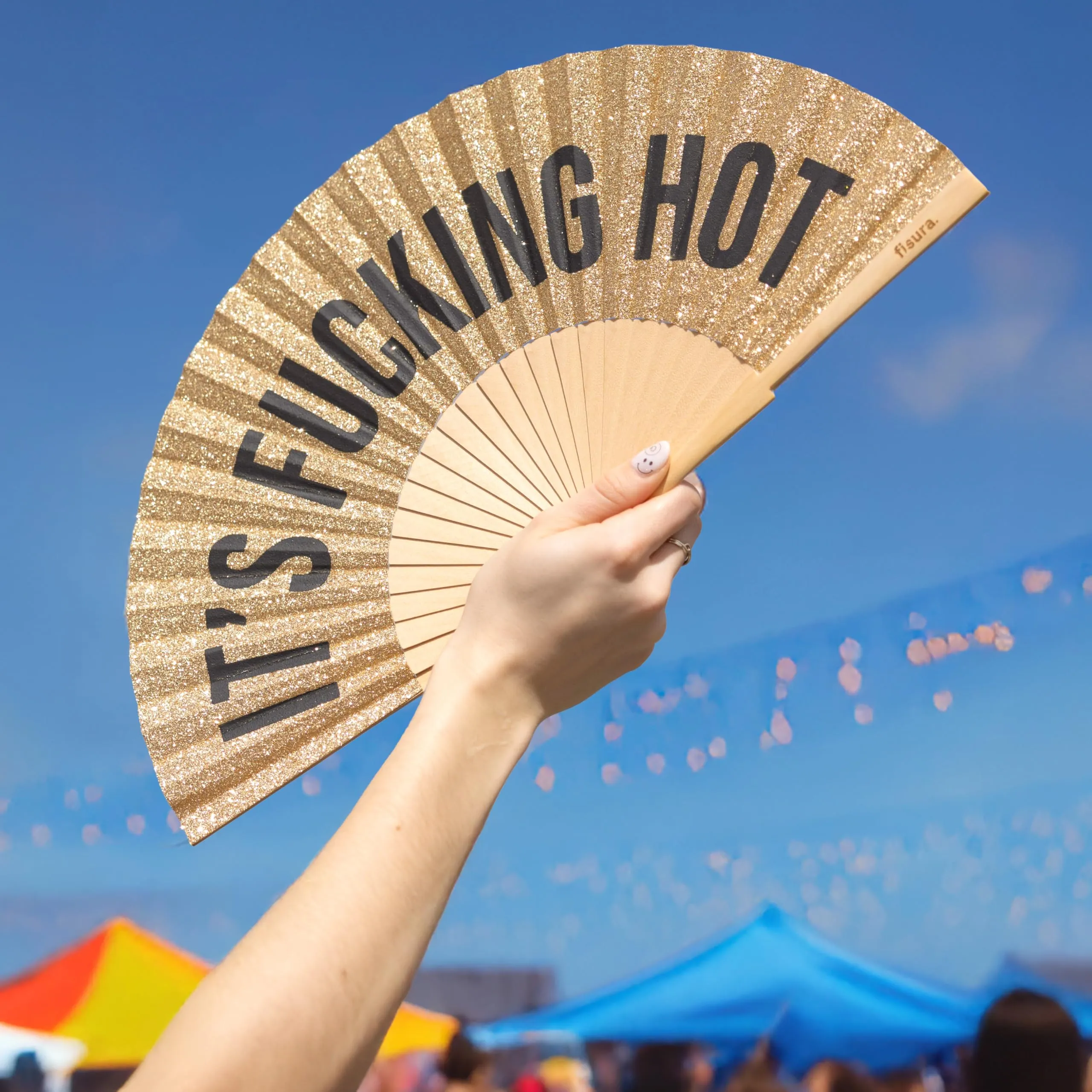 Fisura Ventaglio in Legno con Messaggio "f*cking hot", Oro Glitter, 42,5 x 23 cm - immagine 6