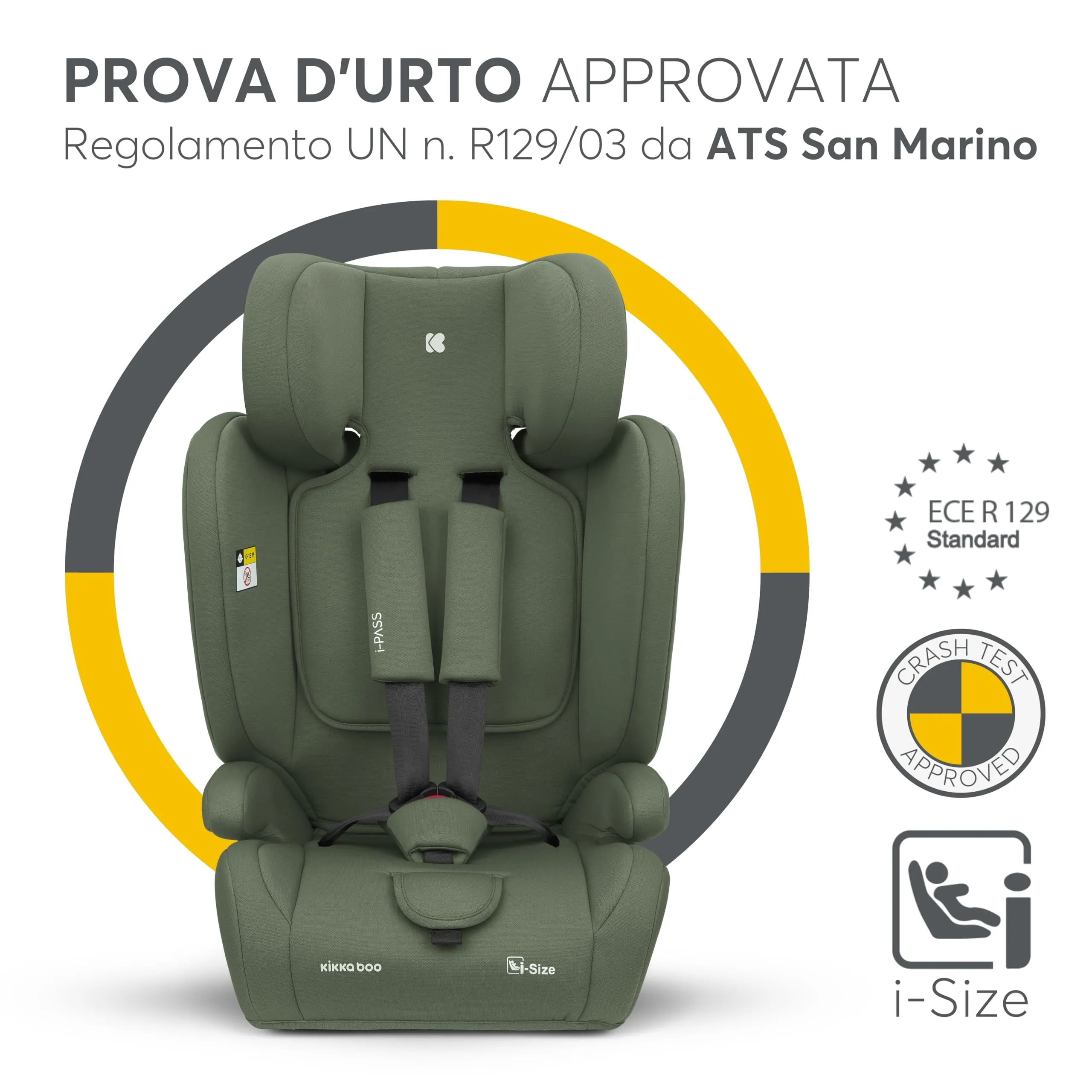 KikkaBoo i-PASS Seggiolino Auto Gruppo 1/2/3 i-Size 76-150 cm, Verde militare - immagine 2