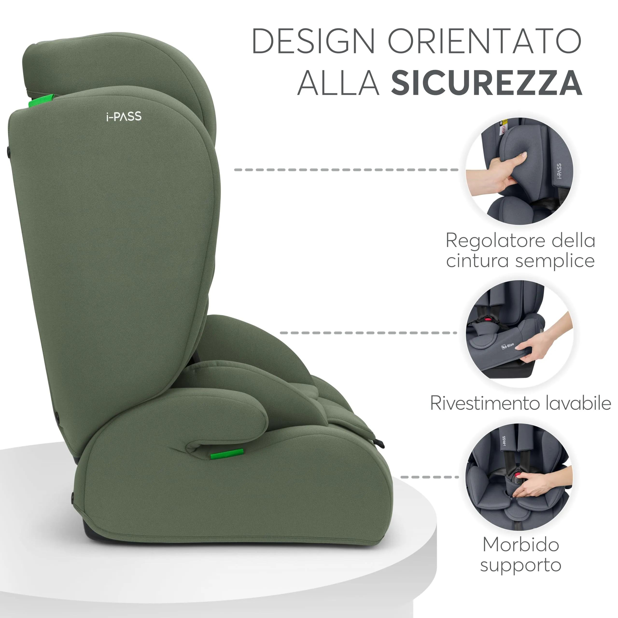 KikkaBoo i-PASS Seggiolino Auto Gruppo 1/2/3 i-Size 76-150 cm, Verde militare - immagine 5