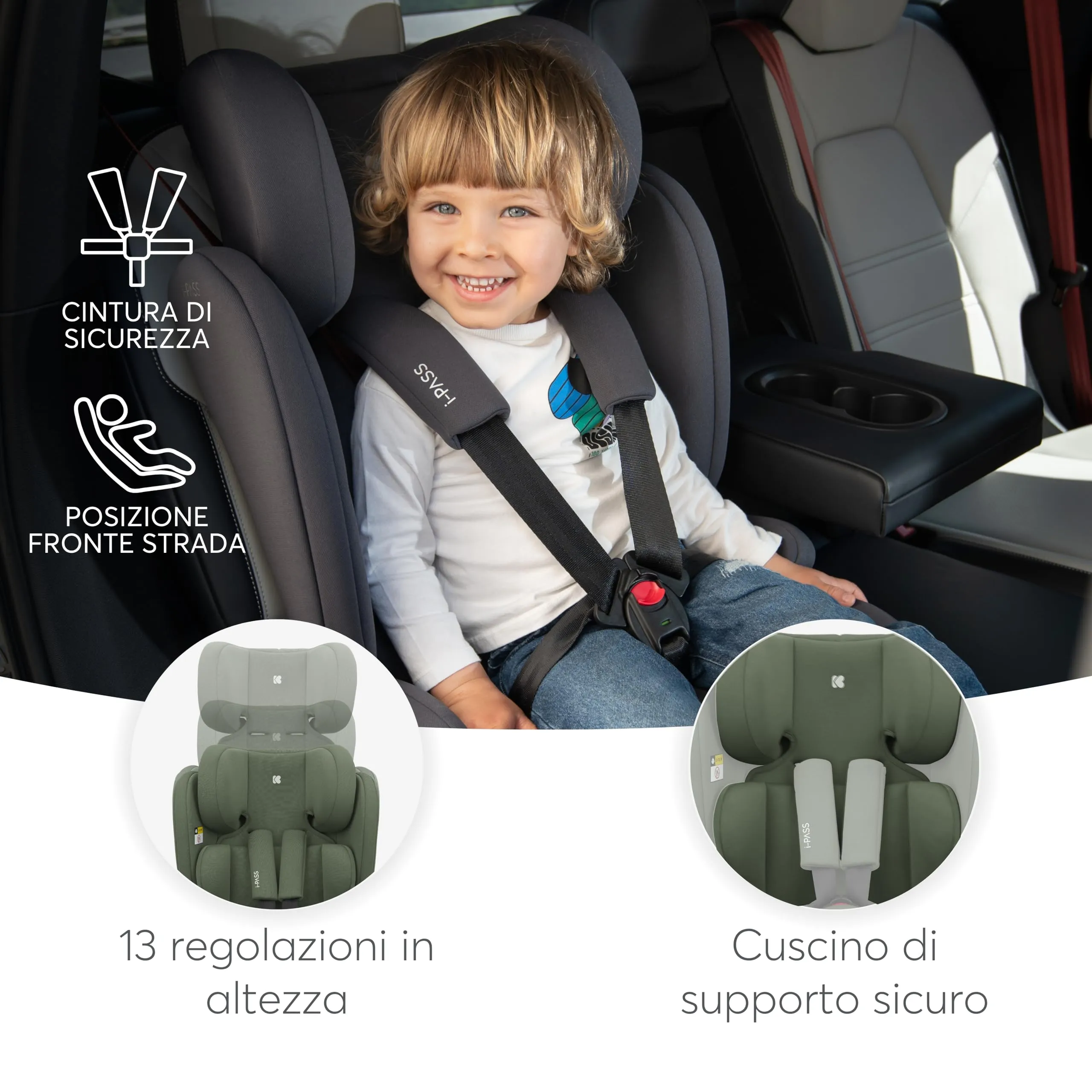KikkaBoo i-PASS Seggiolino Auto Gruppo 1/2/3 i-Size 76-150 cm, Verde militare - immagine 6