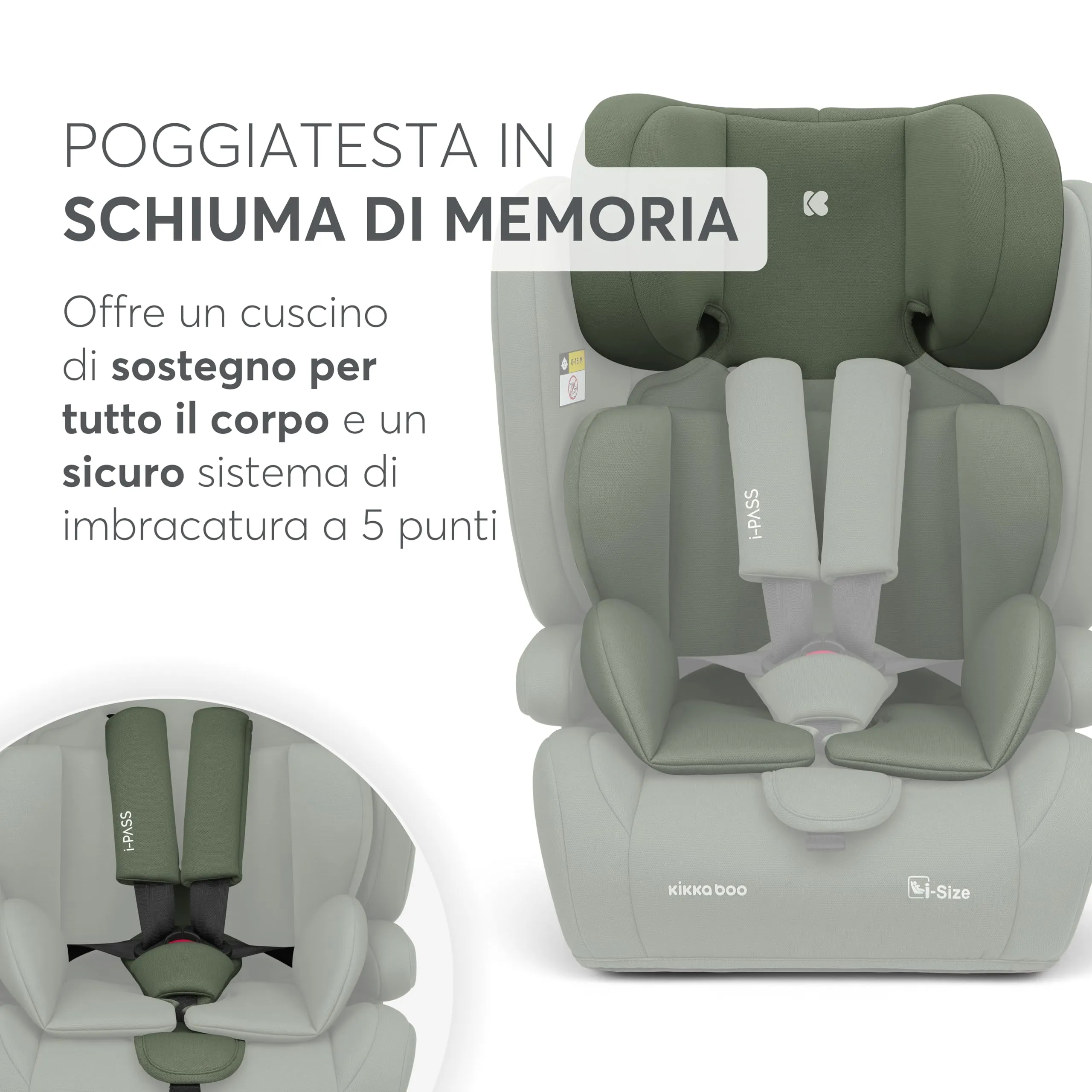 KikkaBoo i-PASS Seggiolino Auto Gruppo 1/2/3 i-Size 76-150 cm, Verde militare - immagine 7