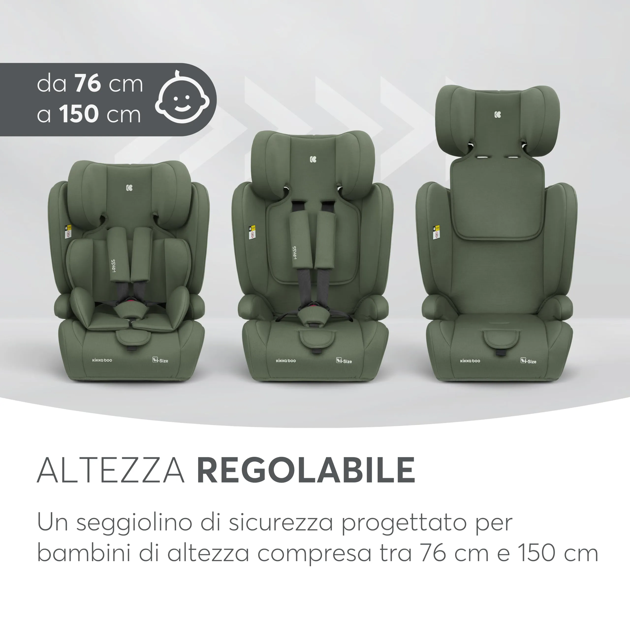 KikkaBoo i-PASS Seggiolino Auto Gruppo 1/2/3 i-Size 76-150 cm, Verde militare - immagine 9