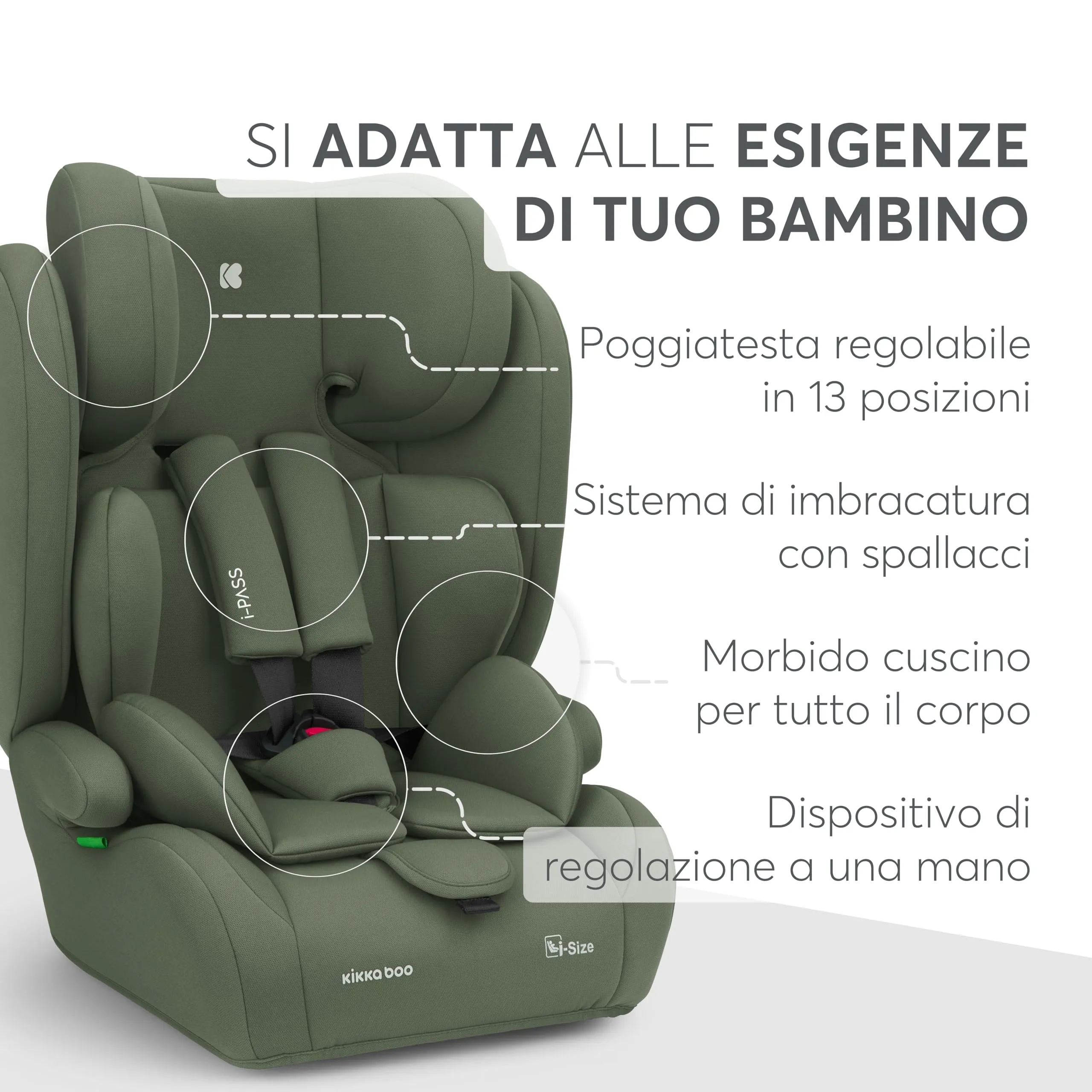 KikkaBoo i-PASS Seggiolino Auto Gruppo 1/2/3 i-Size 76-150 cm, Verde militare - immagine 10