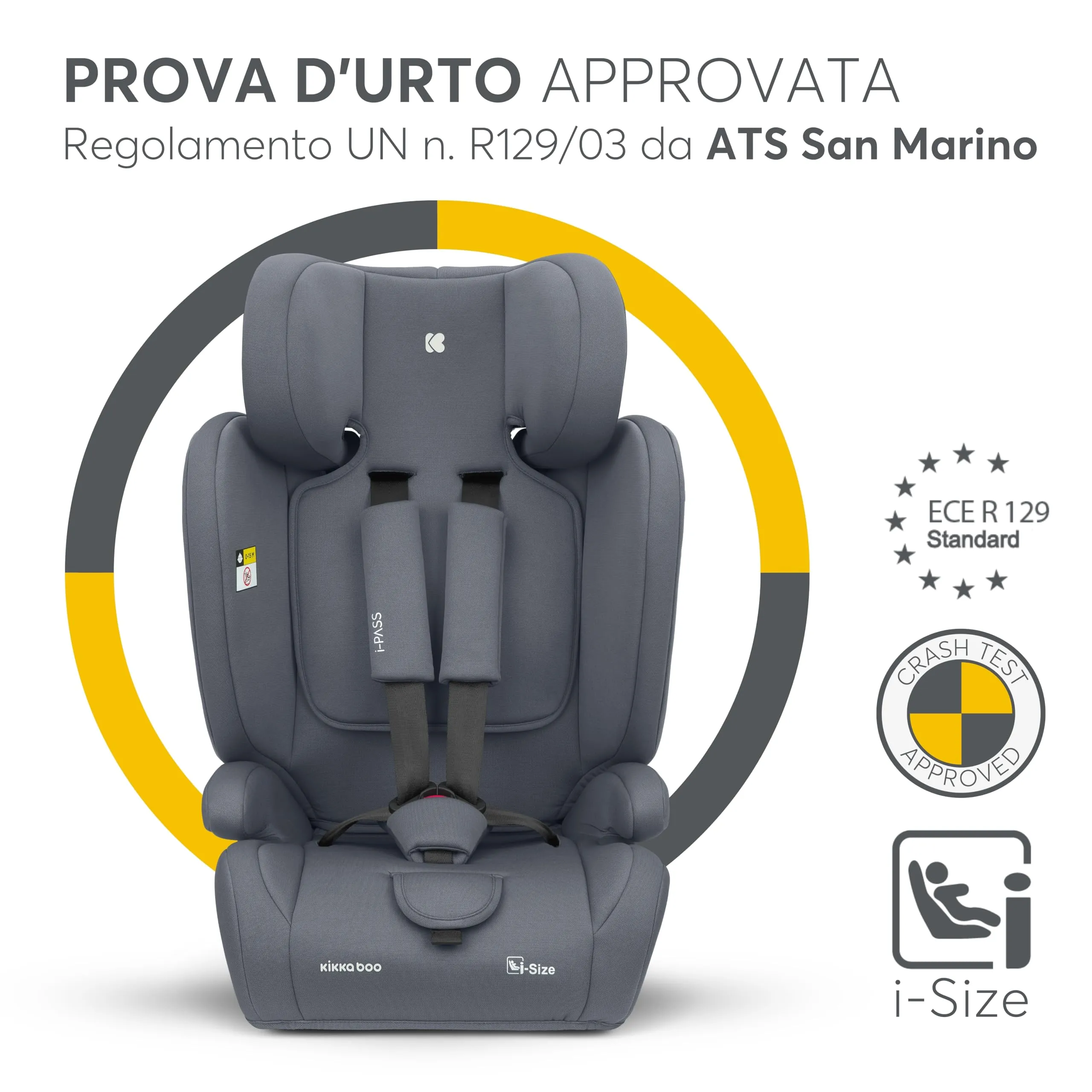 KikkaBoo i-PASS Seggiolino Auto Gruppo 1/2/3, i-Size 76-150 cm (9-36 kg), Grigio - immagine 2