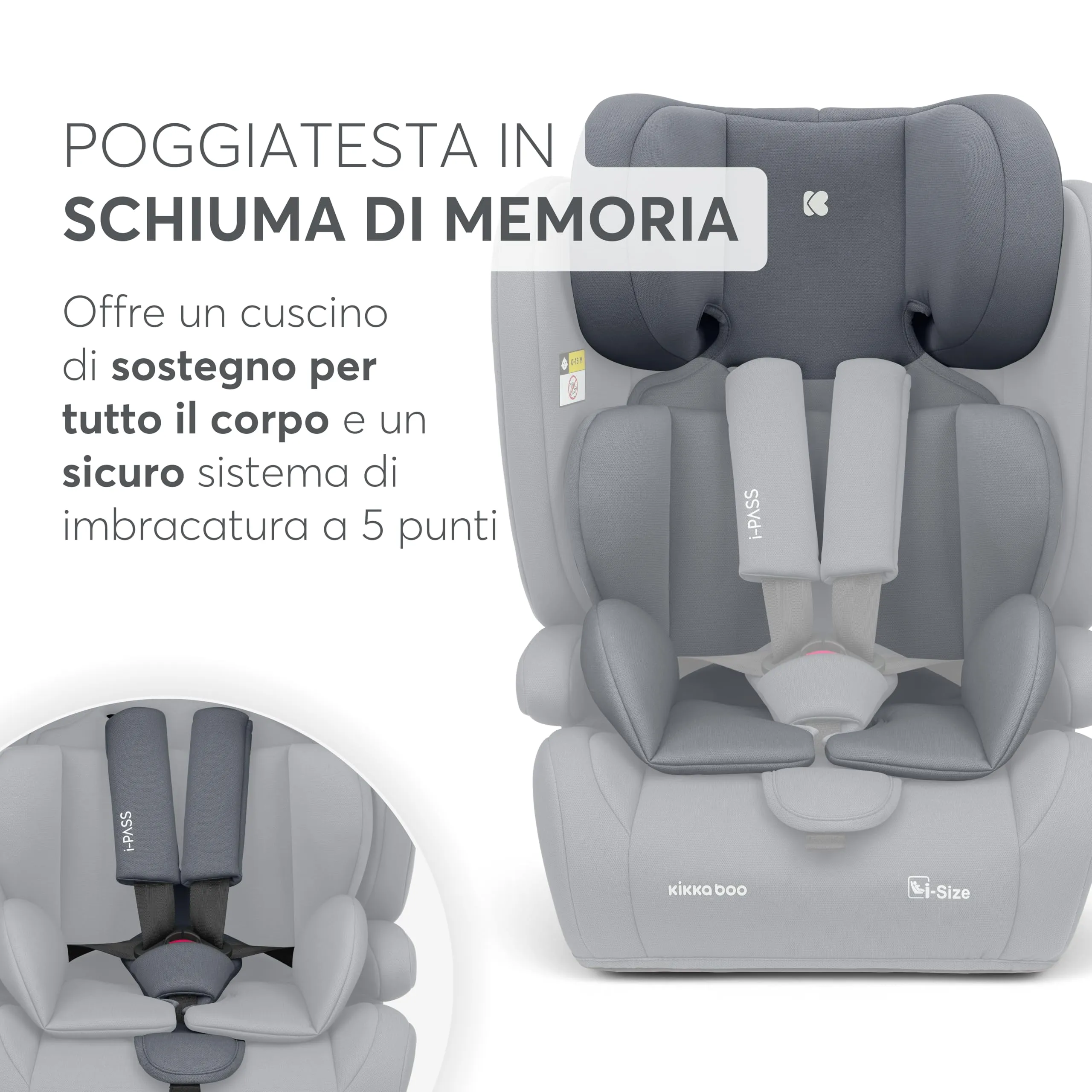 KikkaBoo i-PASS Seggiolino Auto Gruppo 1/2/3, i-Size 76-150 cm (9-36 kg), Grigio - immagine 7