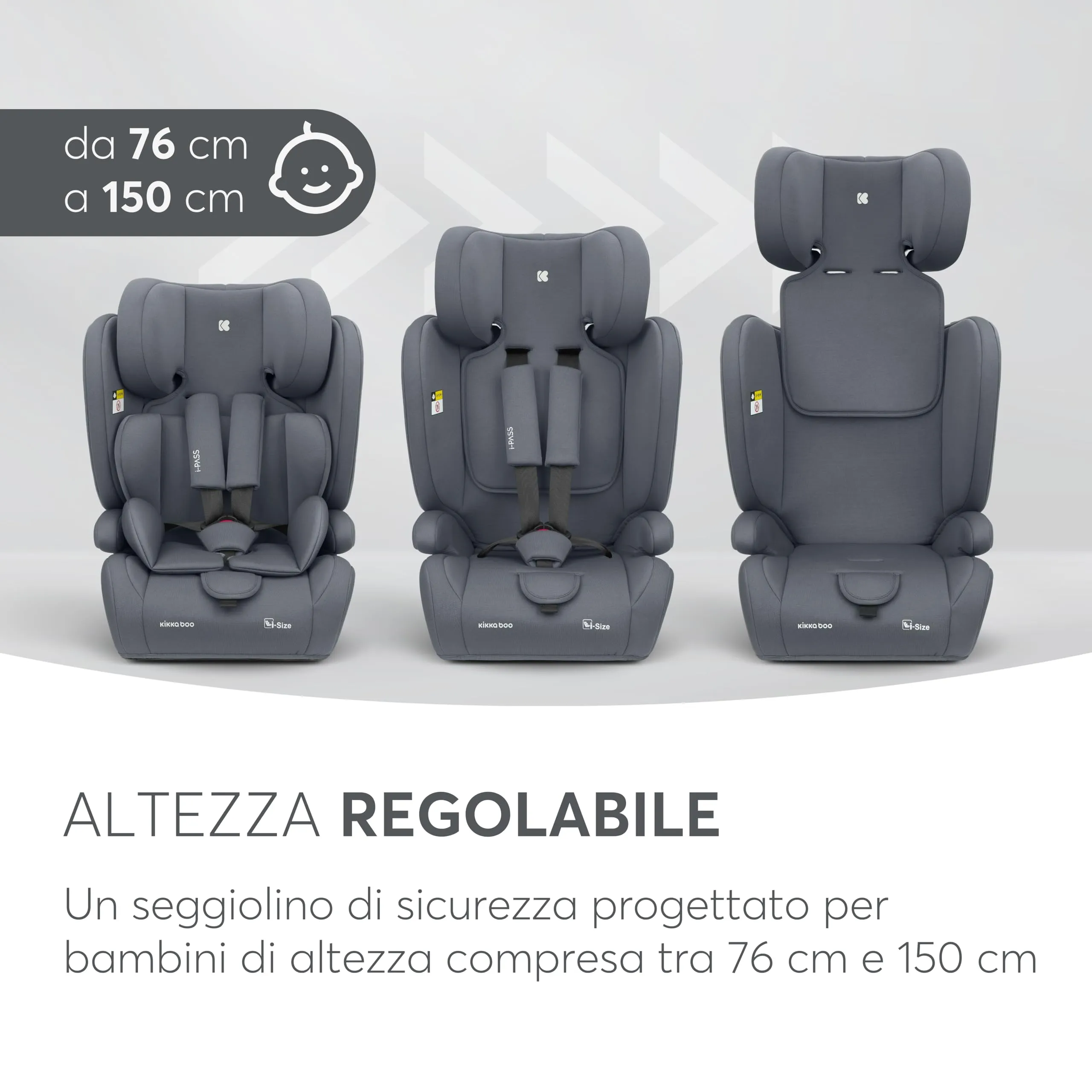KikkaBoo i-PASS Seggiolino Auto Gruppo 1/2/3, i-Size 76-150 cm (9-36 kg), Grigio - immagine 9