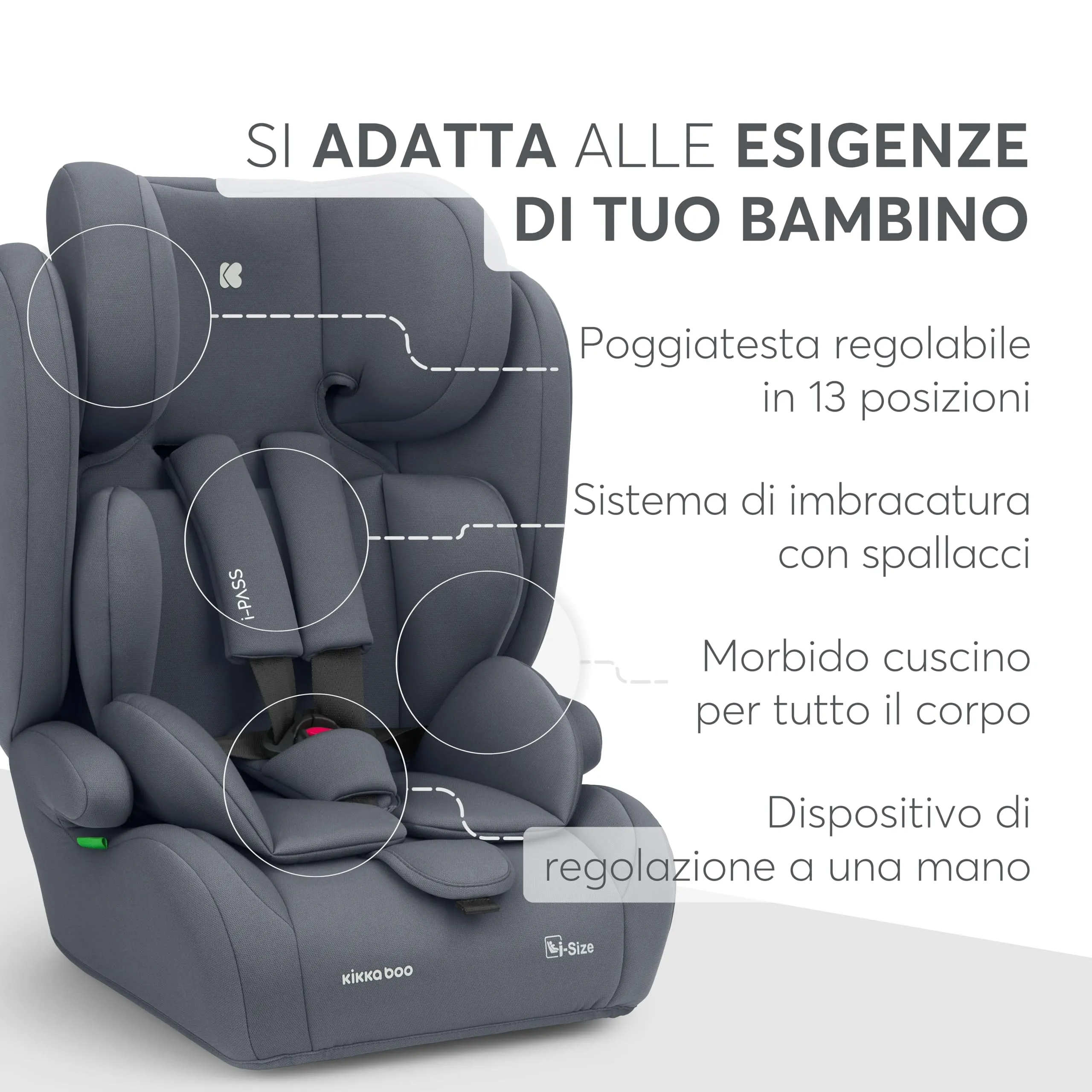 KikkaBoo i-PASS Seggiolino Auto Gruppo 1/2/3, i-Size 76-150 cm (9-36 kg), Grigio - immagine 10