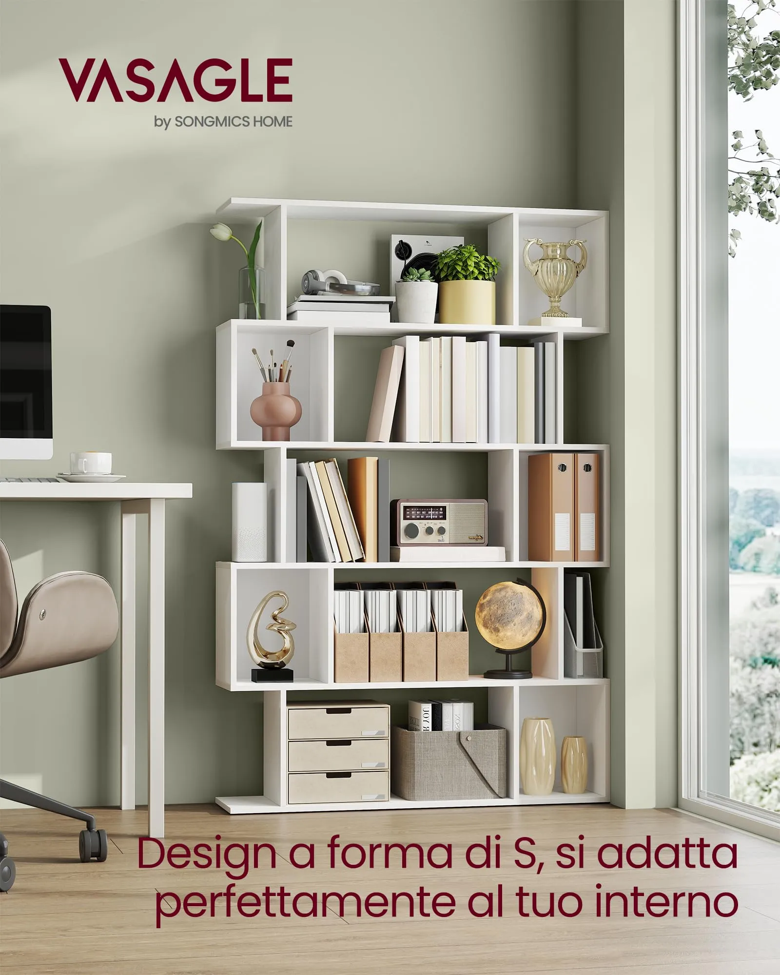 VASAGLE CUSTOS Libreria a 5 Ripiani, 24 x 90 x 159 cm, Bianco Nuvola LBC416W01 - immagine 2