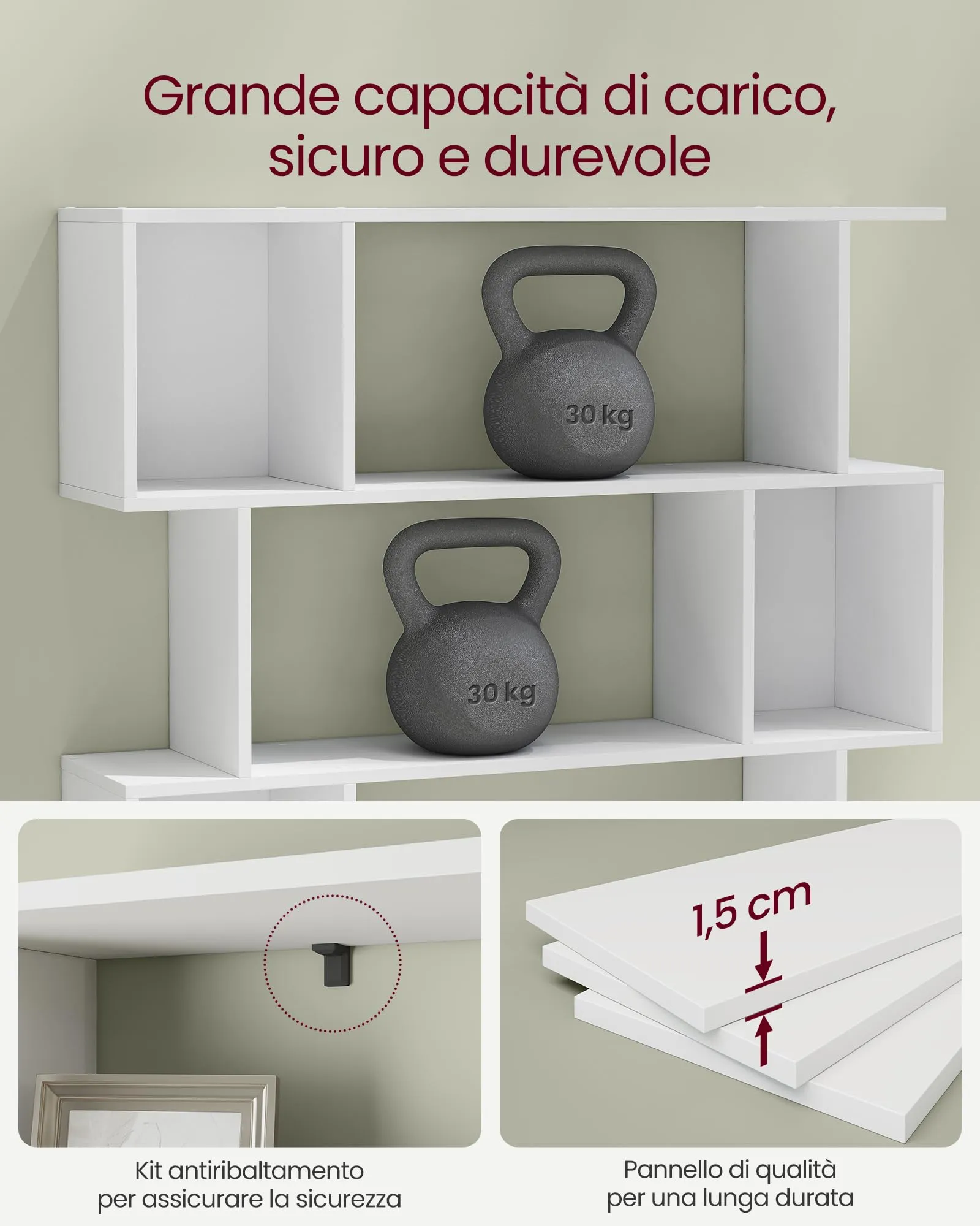 VASAGLE CUSTOS Libreria a 5 Ripiani, 24 x 90 x 159 cm, Bianco Nuvola LBC416W01 - immagine 4
