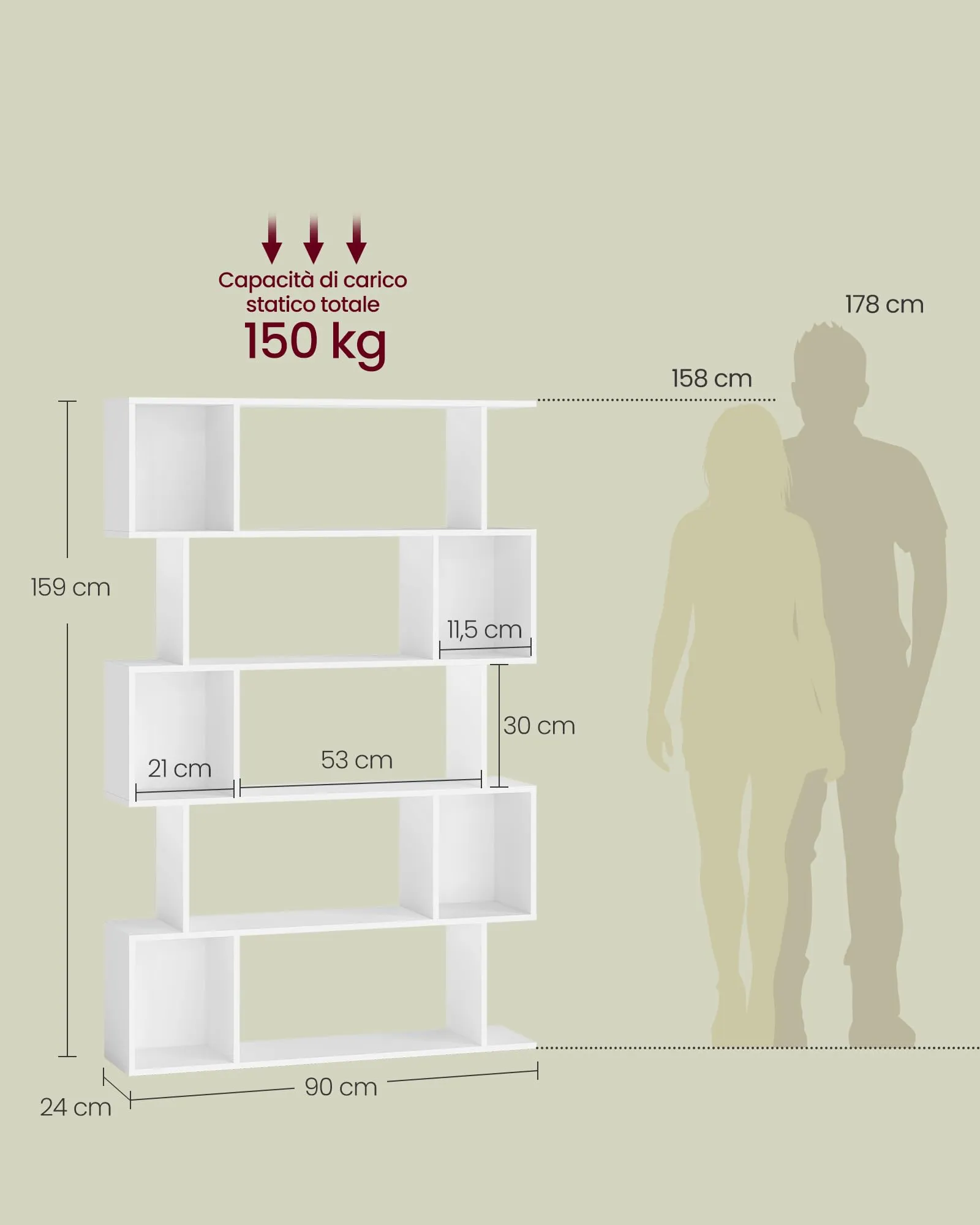 VASAGLE CUSTOS Libreria a 5 Ripiani, 24 x 90 x 159 cm, Bianco Nuvola LBC416W01 - immagine 5