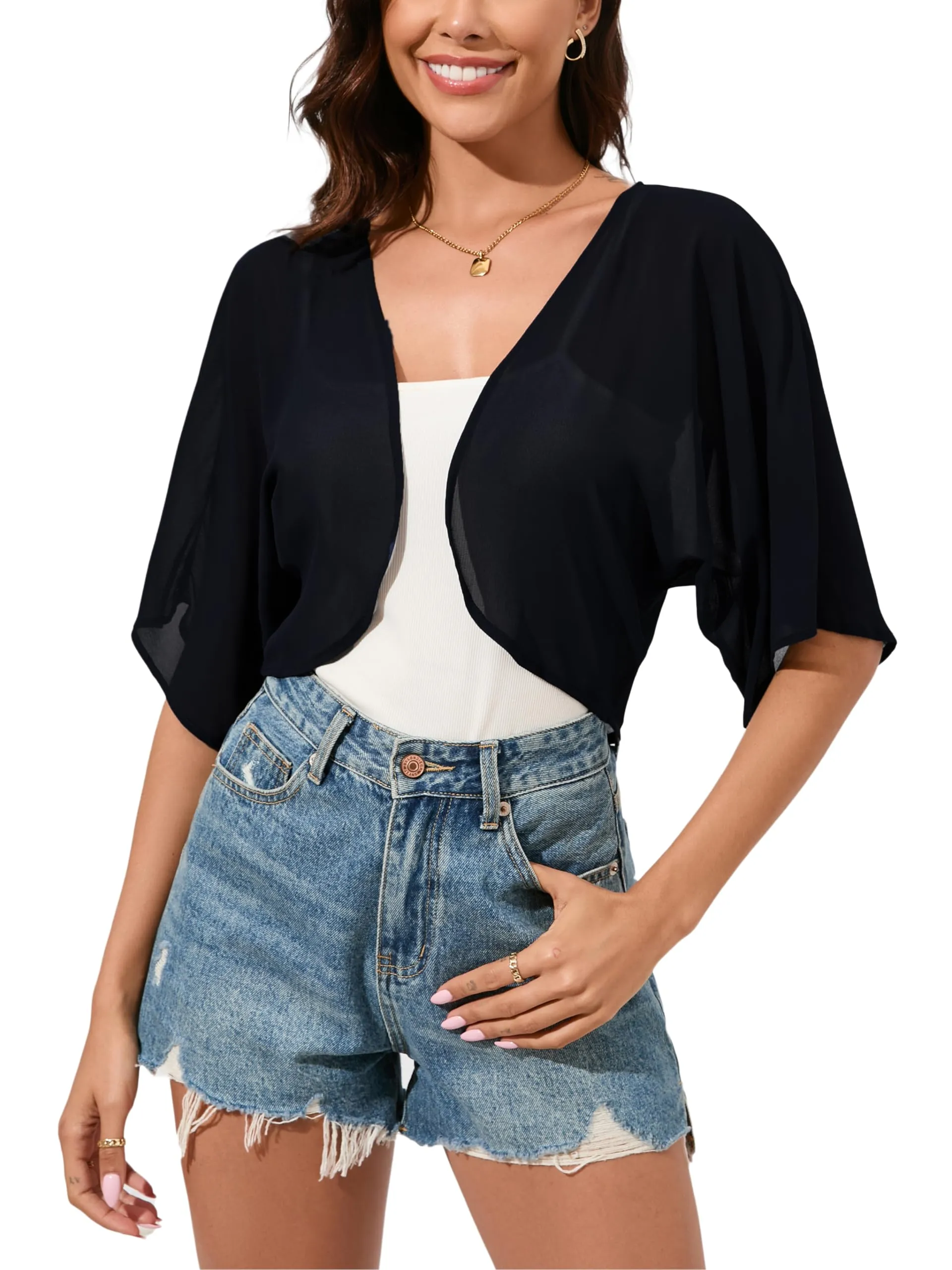 Dosieyeo Cardigan Bolero Corto in Chiffon con Maniche a 3/4, Nero, L - immagine 1