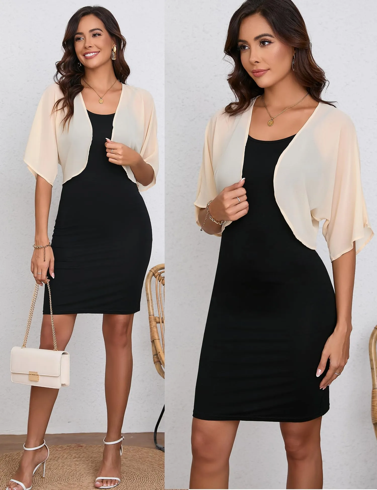 Dosieyeo Cardigan Bolero Corto in Chiffon da Donna, Maniche a 3/4, Champagne, L - immagine 3