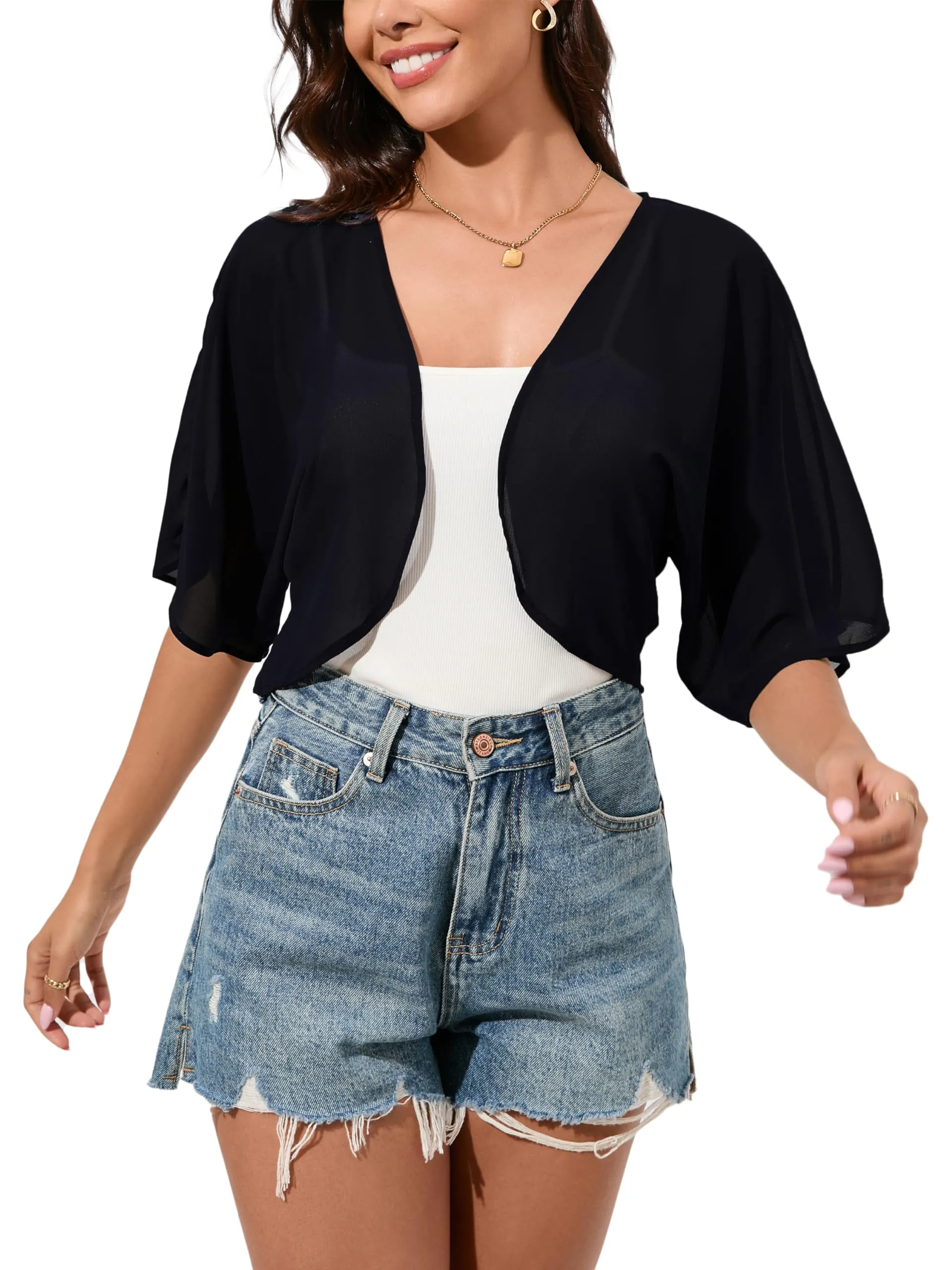 Dosieyeo Bolero Coprispalle da Donna in Chiffon, Manica 3/4, Nero, XXL - immagine 2