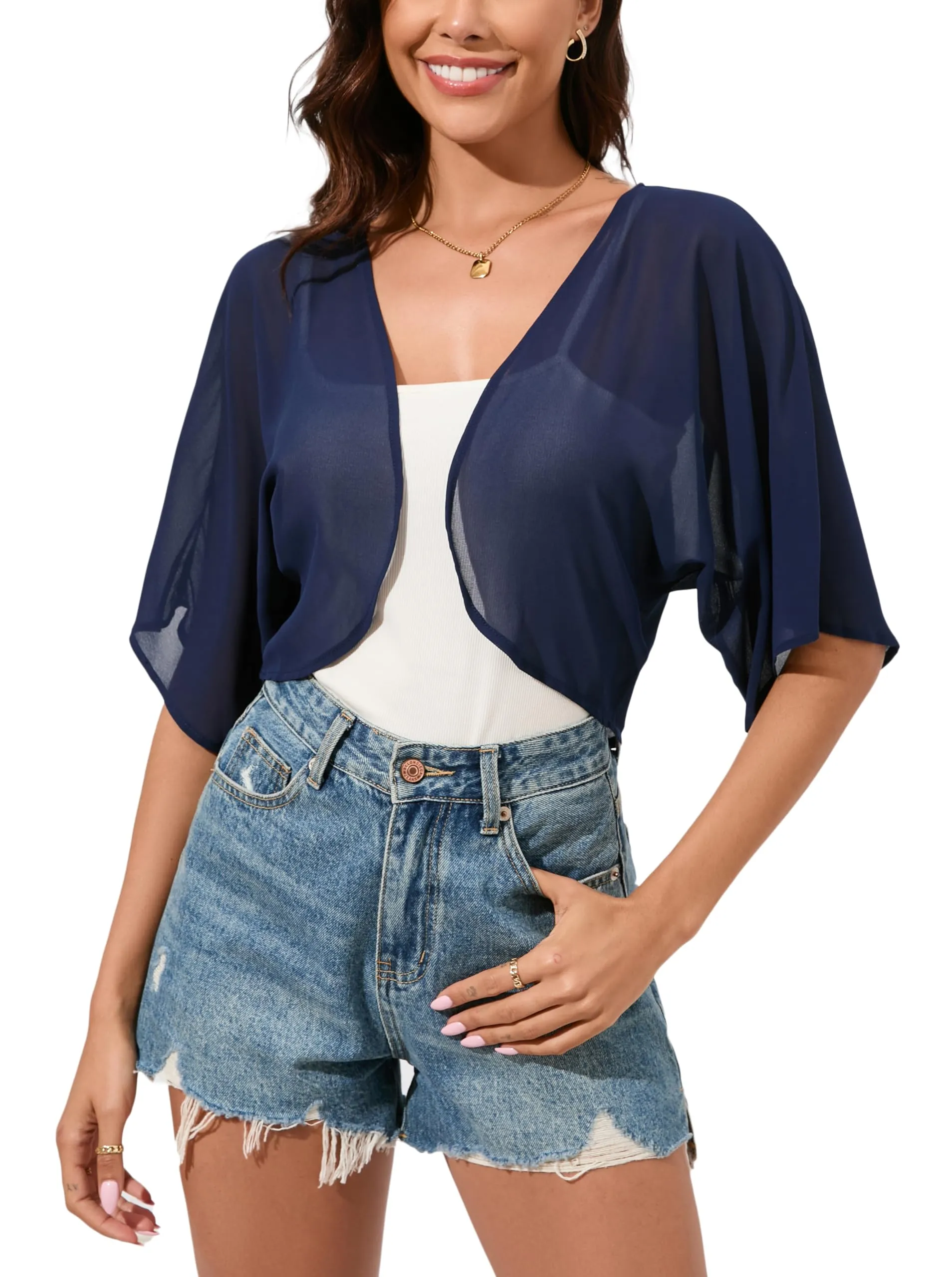 Dosieyeo Bolero da donna in chiffon con maniche a 3/4, Blu scuro, M - immagine 6