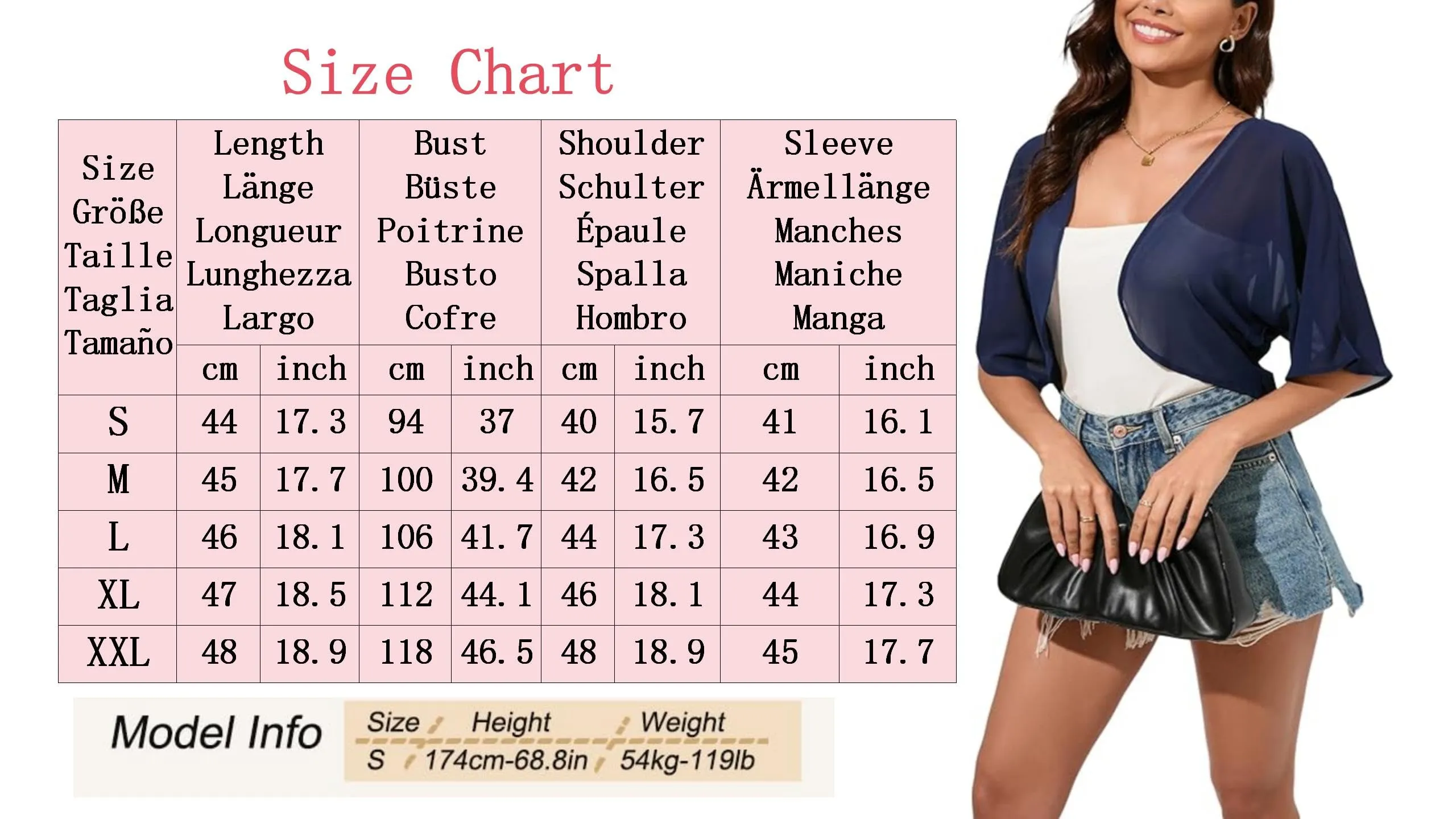 Dosieyeo Bolero da donna in chiffon con maniche a 3/4, Blu scuro, M - immagine 7