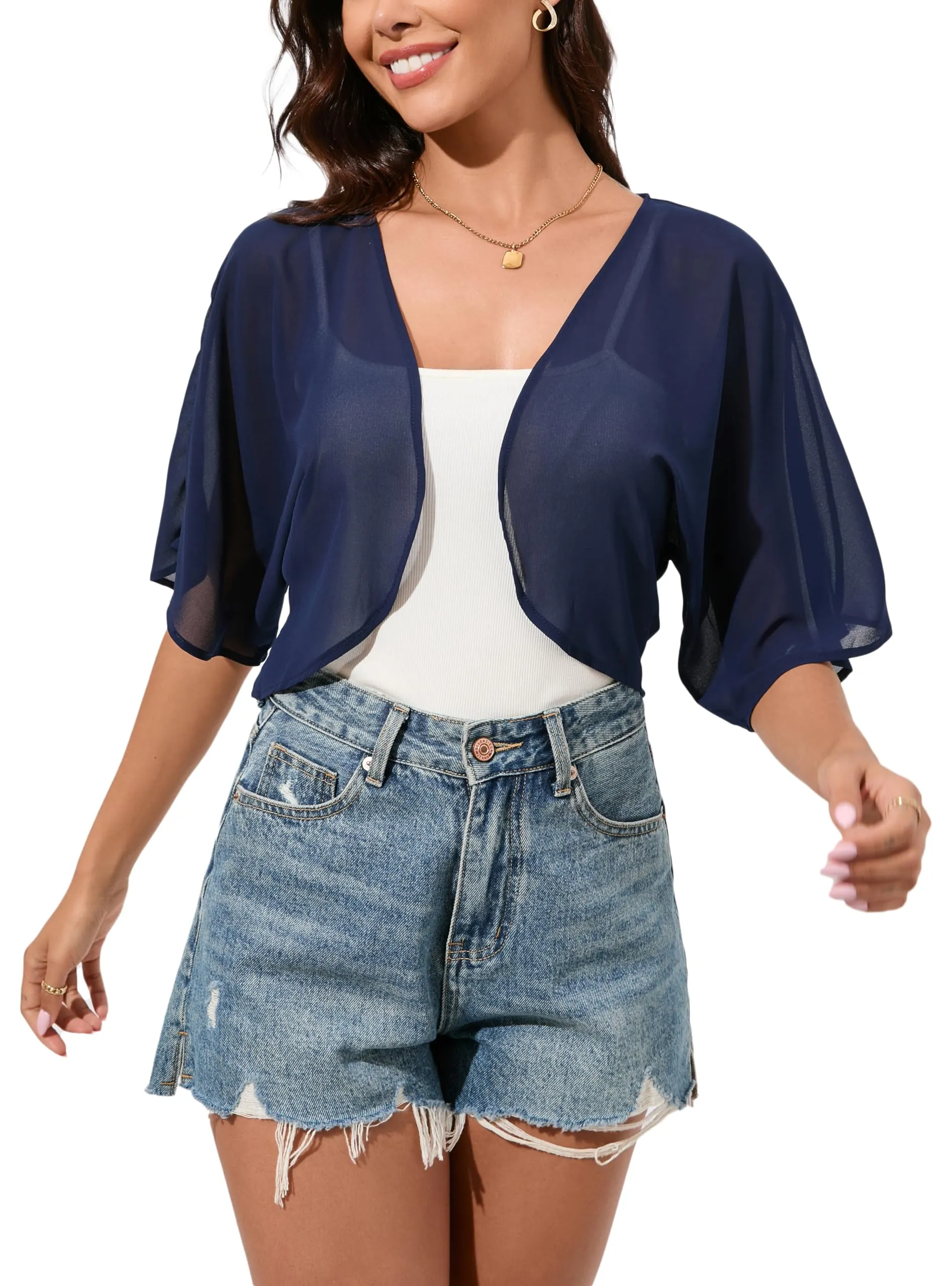 Dosieyeo Cardigan Bolero in Chiffon per Donna, Maniche 3/4, Blu Scuro, XXL - immagine 5