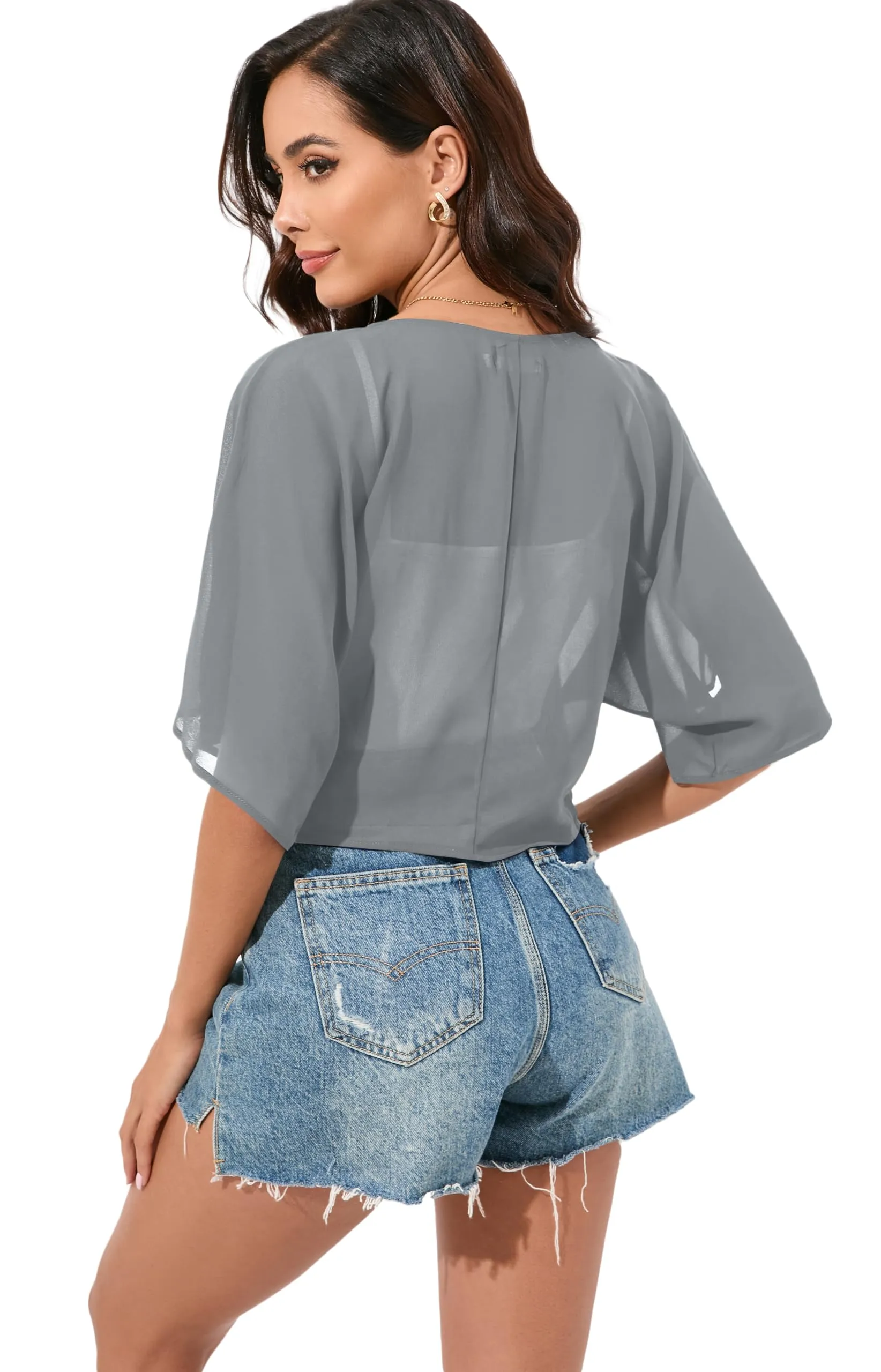 Dosieyeo Bolero da donna in chiffon con maniche a 3/4, Grigio, M - immagine 5