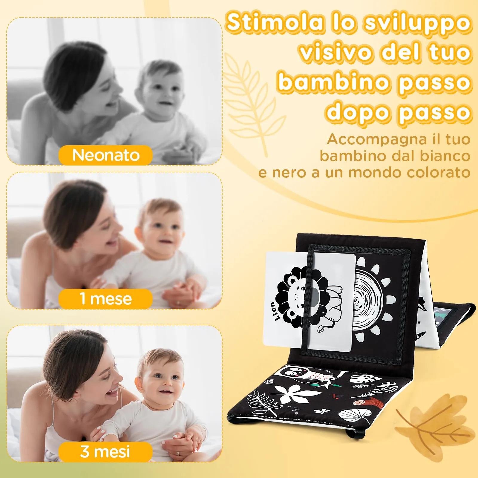 URMYWO Libro Sensoriale per Neonati Tummy Time, Bianco e Nero - immagine 2