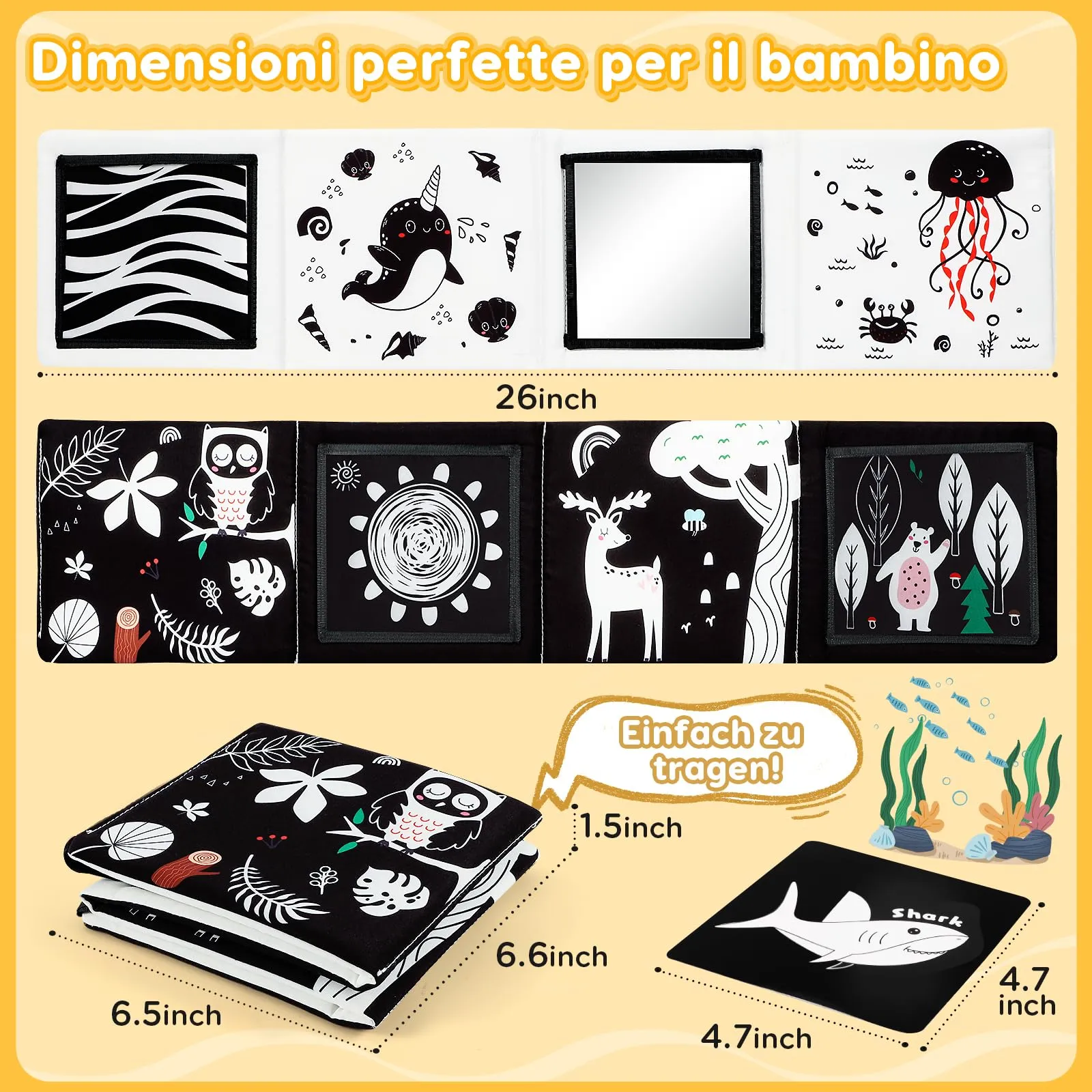 URMYWO Libro Sensoriale per Neonati Tummy Time, Bianco e Nero - immagine 3