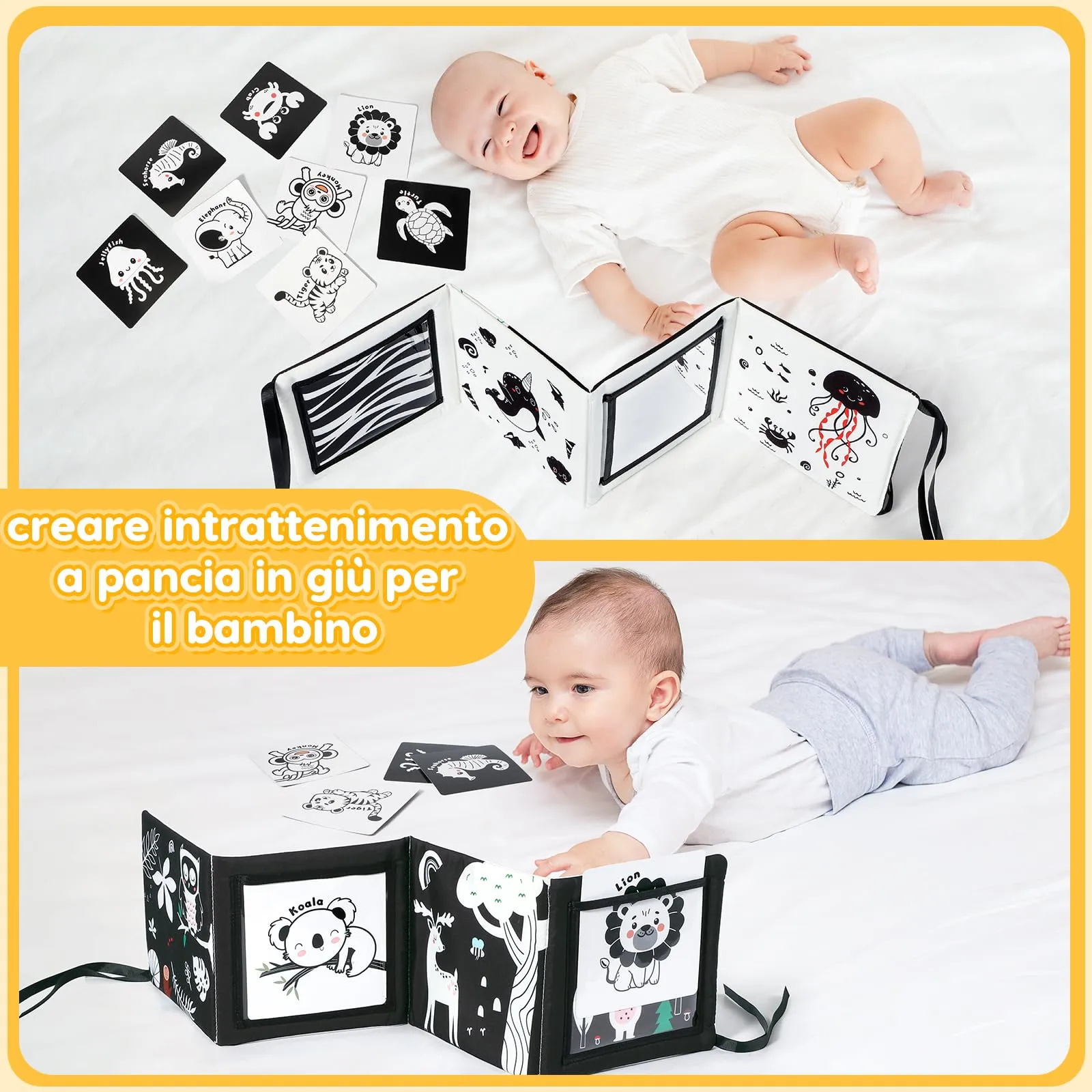 URMYWO Libro Sensoriale per Neonati Tummy Time, Bianco e Nero - immagine 5