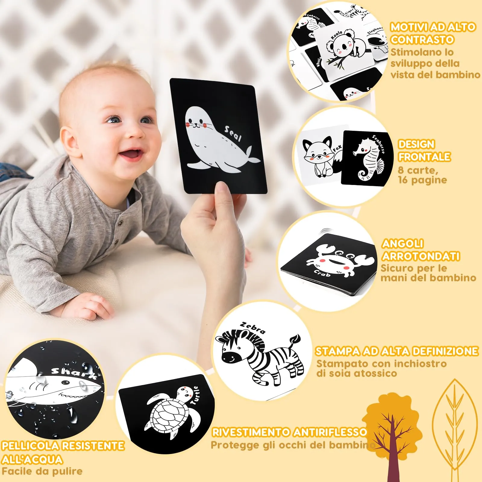 URMYWO Libro Sensoriale per Neonati Tummy Time, Bianco e Nero - immagine 7