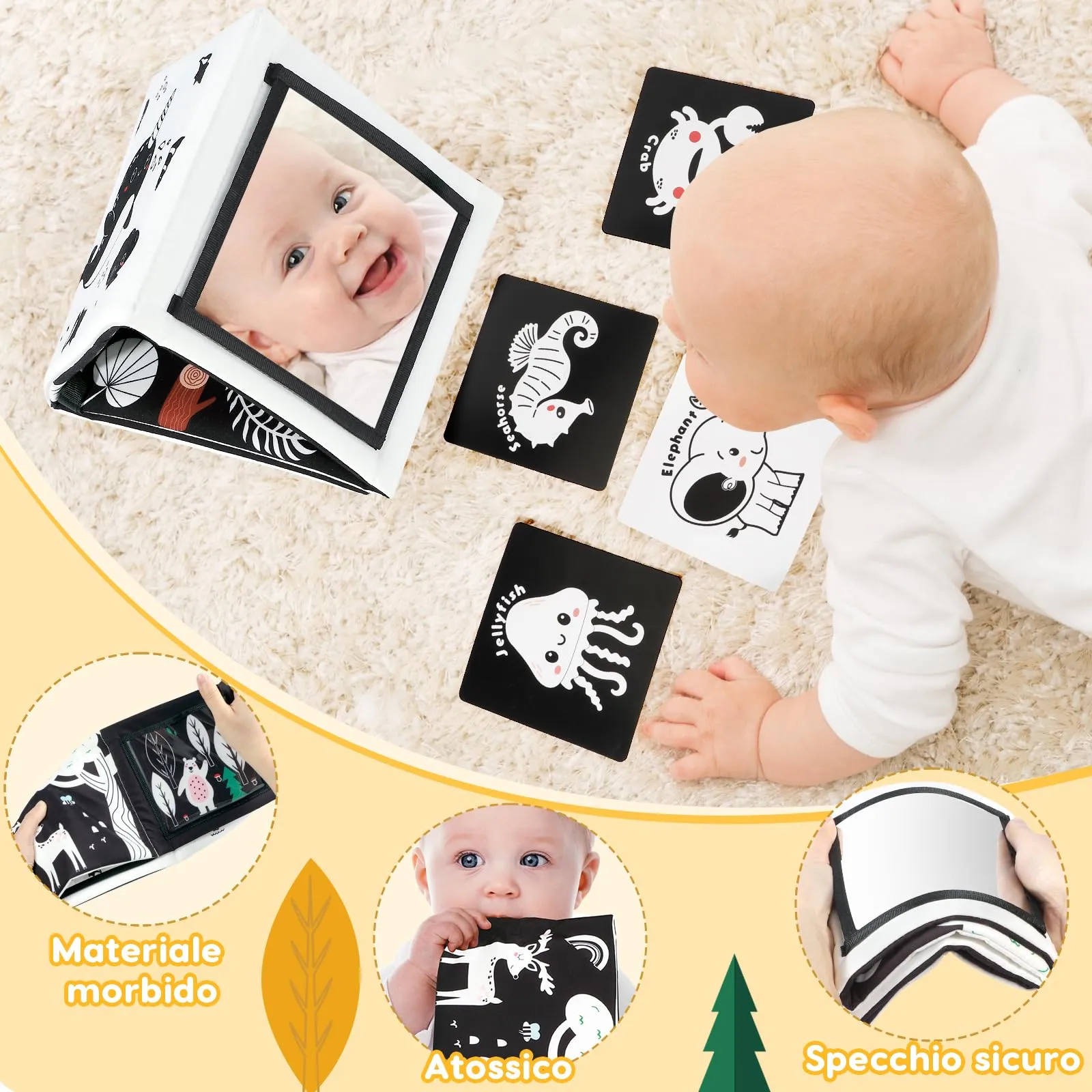 URMYWO Libro Sensoriale per Neonati Tummy Time, Bianco e Nero - immagine 8