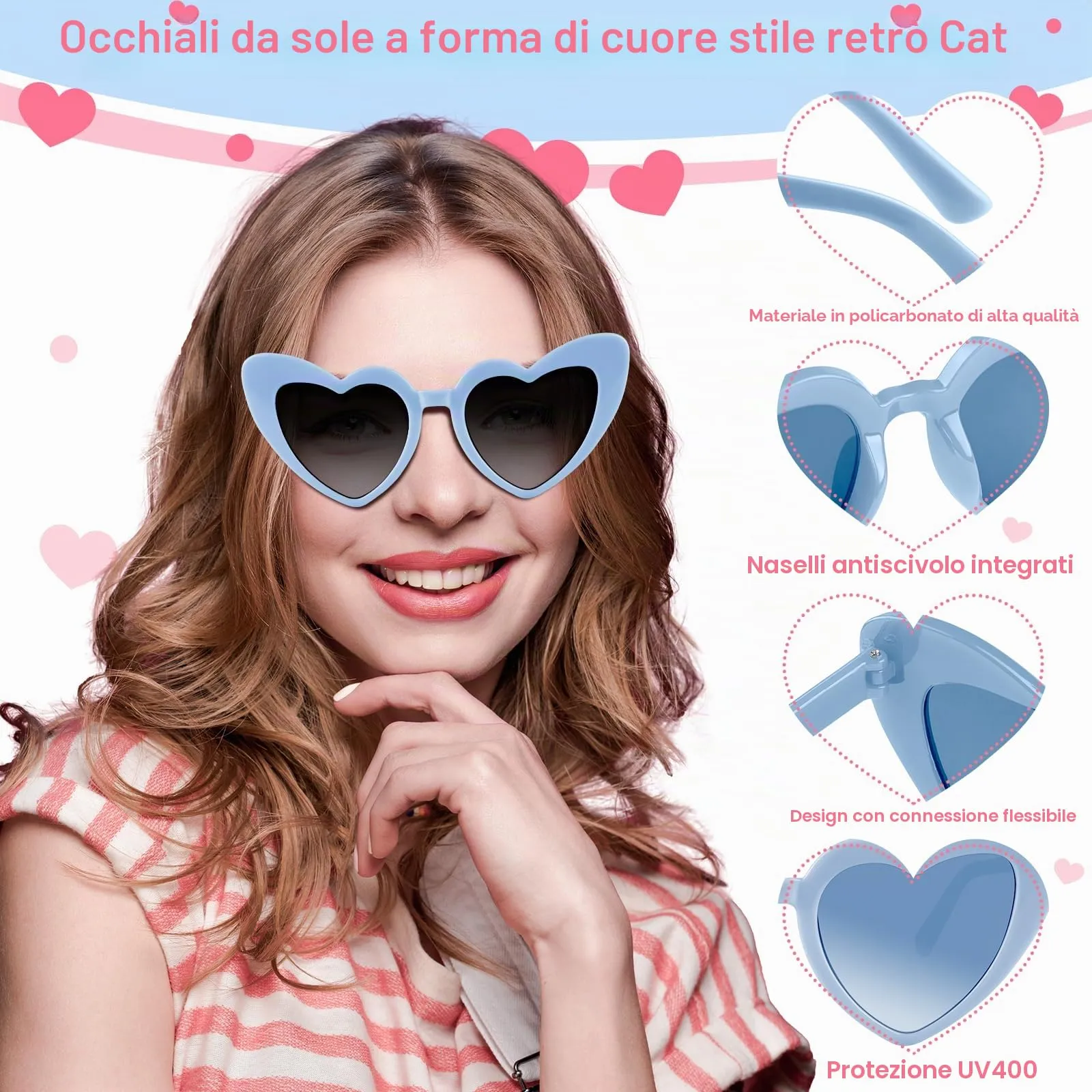 BOUBONI Occhiali da sole vintage a forma di cuore per donna, 24 pezzi, blu chiaro - immagine 3