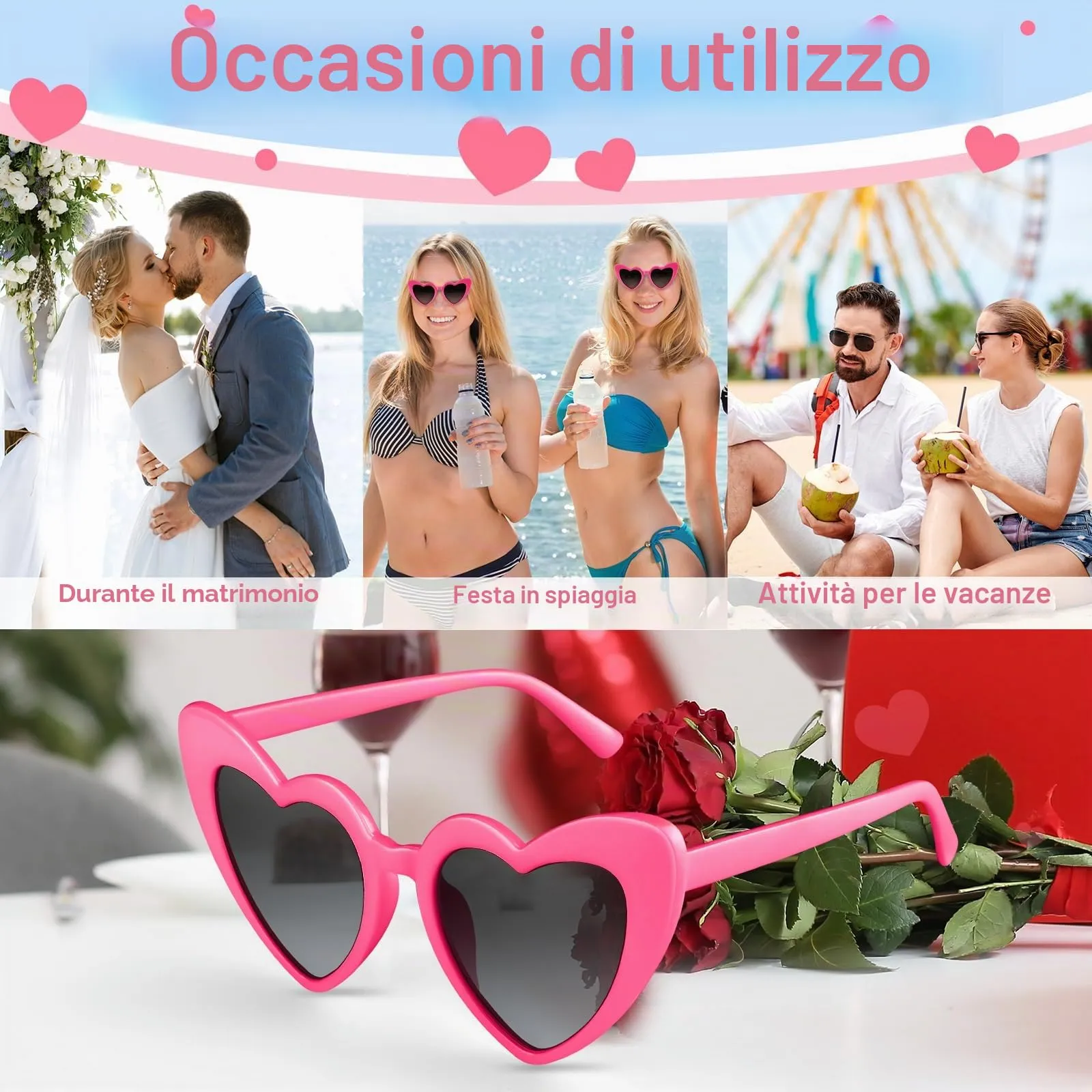BOUBONI Occhiali da Sole Vintage a Forma di Cuore, Rosero, 15.3 cm - immagine 4
