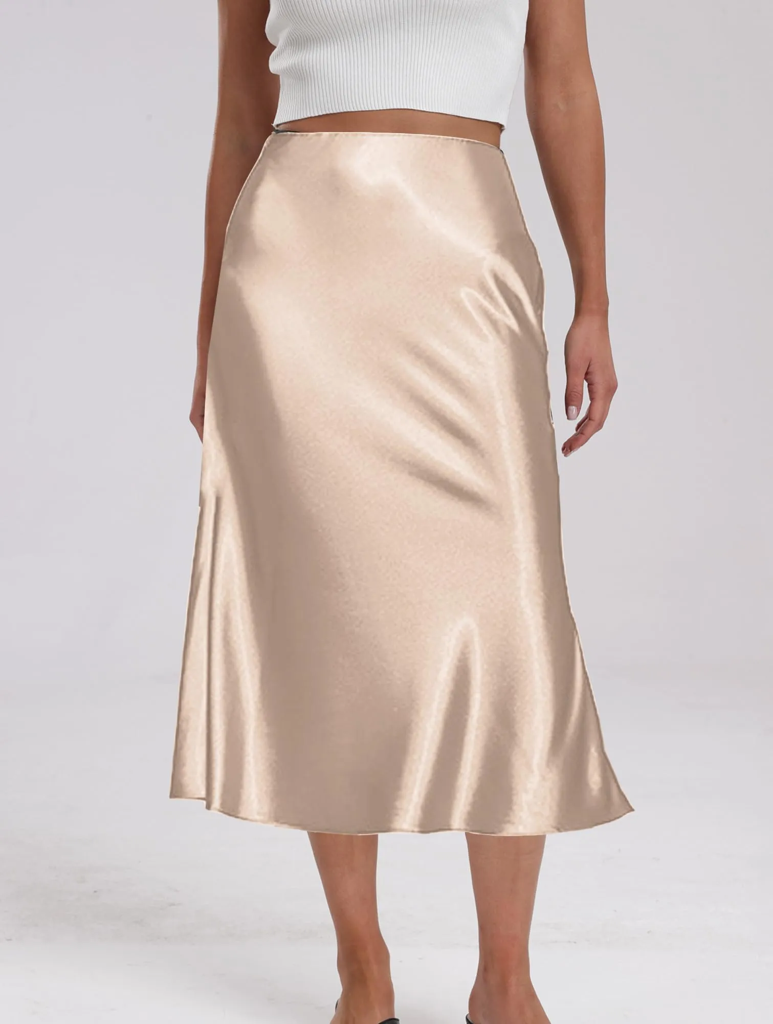 Koerye Gonna Midi Satinata Vita Alta A-Line per Donna - immagine 4