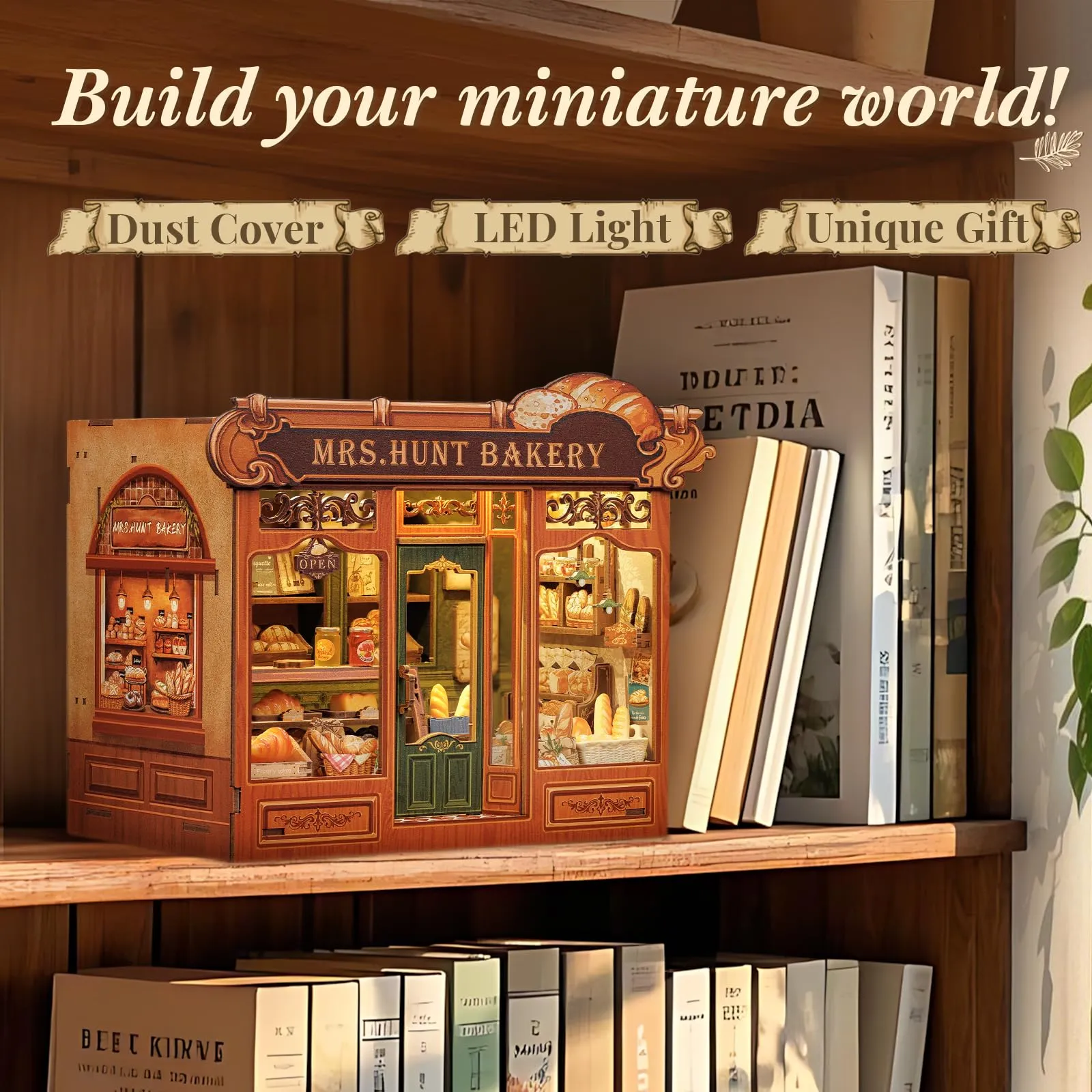 CUTEBEE Book Nook Kit 3D Puzzle Miniature House DIY Mrs. Hunt Bakery with LED Light and Dust Cover - immagine 3