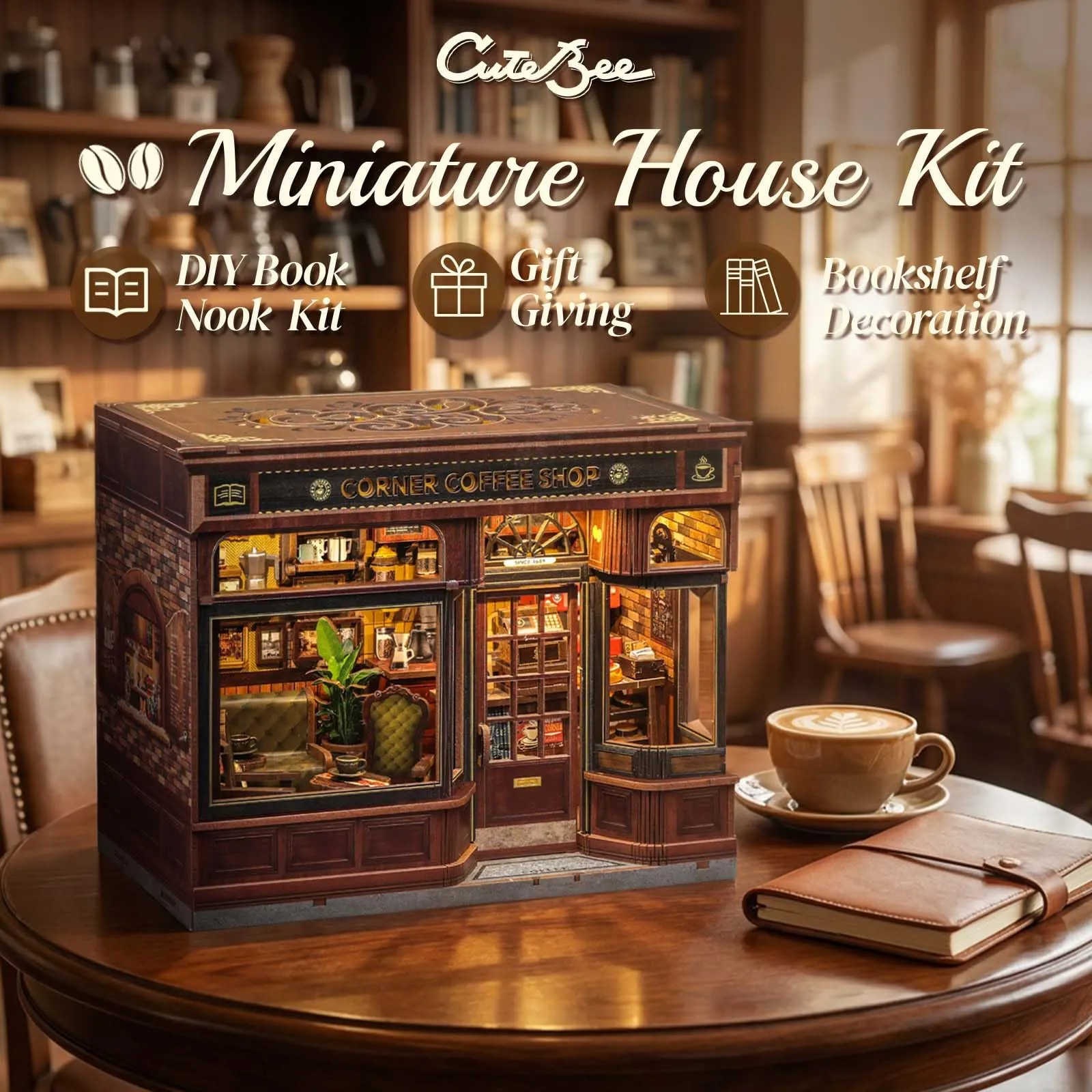 CUTEBEE Book Nook Kit Casa Prefabbricata Miniature DIY House 3D Puzzle in Legno Corner Coffee Shop - immagine 2