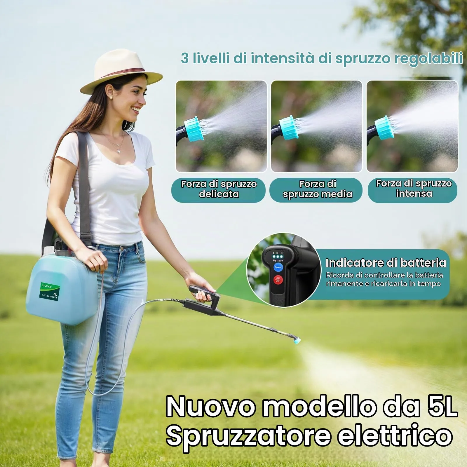 SYLSTAR Pompa Irroratrice a Batteria 5L, 3 Velocità, 7.4V con Indicatore di Batteria e 4 Ugelli Regolabili (Blu) - immagine 2