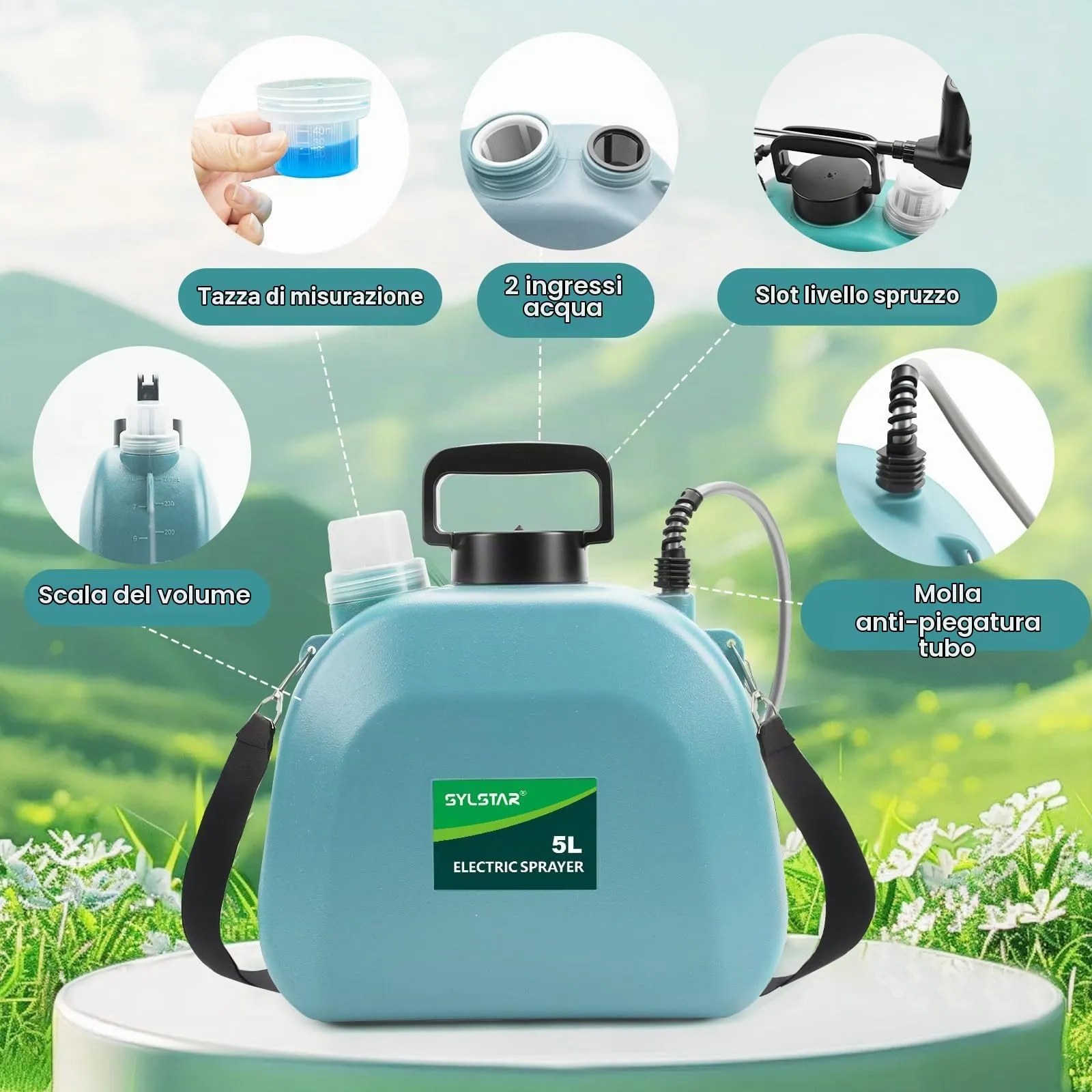 SYLSTAR Pompa Irroratrice a Batteria 5L, 3 Velocità, 7.4V con Indicatore di Batteria e 4 Ugelli Regolabili (Blu) - immagine 6