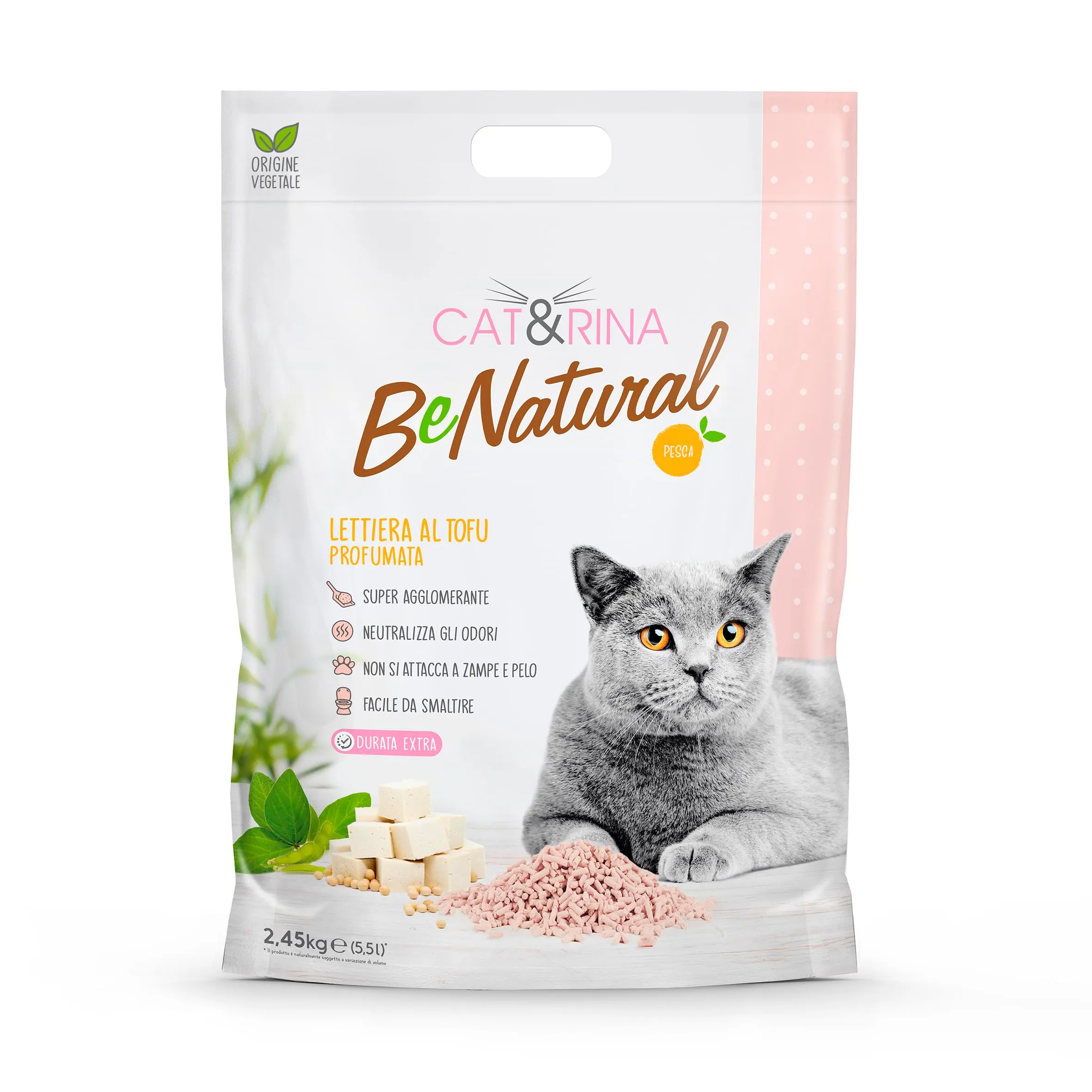 Cat&Rina BeNatural Lettiera per Gatti al Tofu, Agglomerante e Vegetale, Pesca, 5,5L, 3 Pezzi - immagine 2