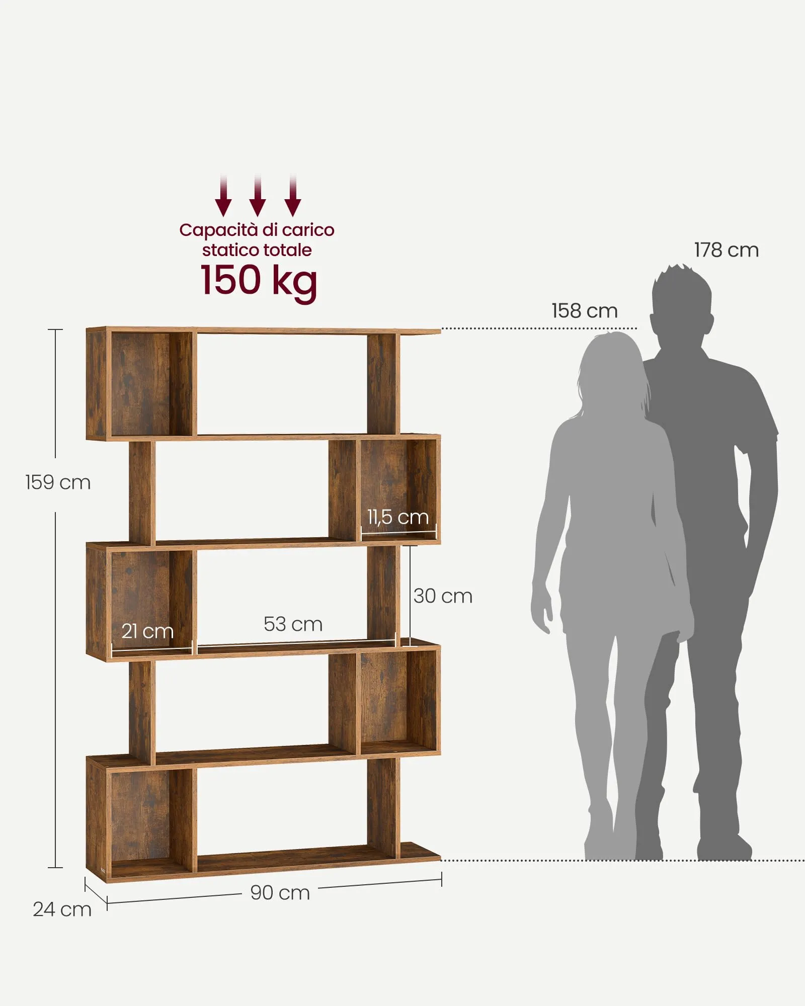 VASAGLE CUSTOS Libreria a 5 Ripiani, 24 x 90 x 159 cm, Marrone Vintage LBC416K01 - immagine 2