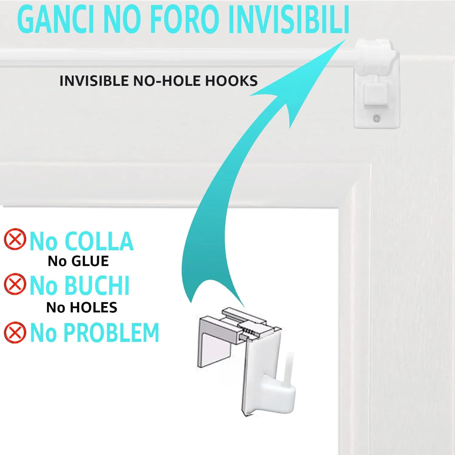 Byour3 Supporti per Tende Senza Forare, Gancetti Trasparenti Regolabili per Bastoni a Pressione (Bianco, da 15 a 26mm), Set 4 pz - immagine 3